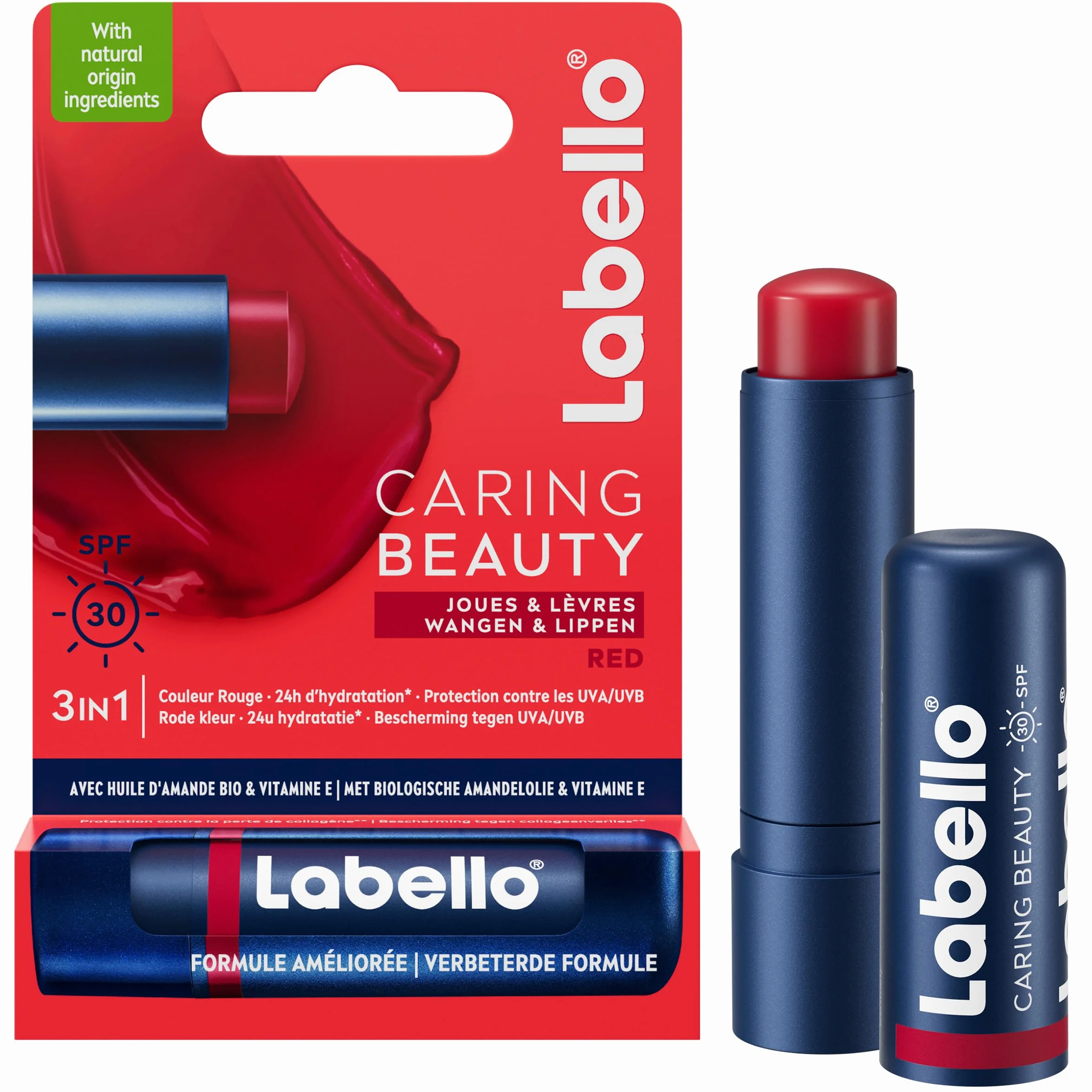 LABELLO Caring Beauty Rouge FPS 30 Stick à lèvres au beurre de karité et huile d’amande Baume à lèvres rouge 5,5 ml