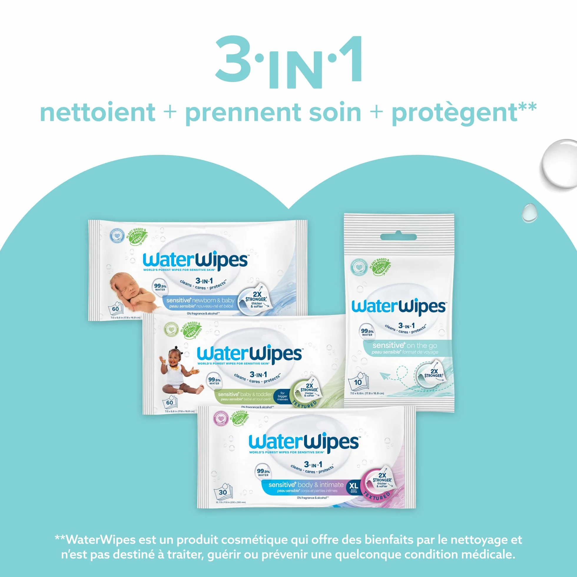WaterWipes Sensitive+ Lingettes On The Go 224 unités 8 paquets 3-en-1 nettoie soigne protège 99,9% d'eau non parfumées