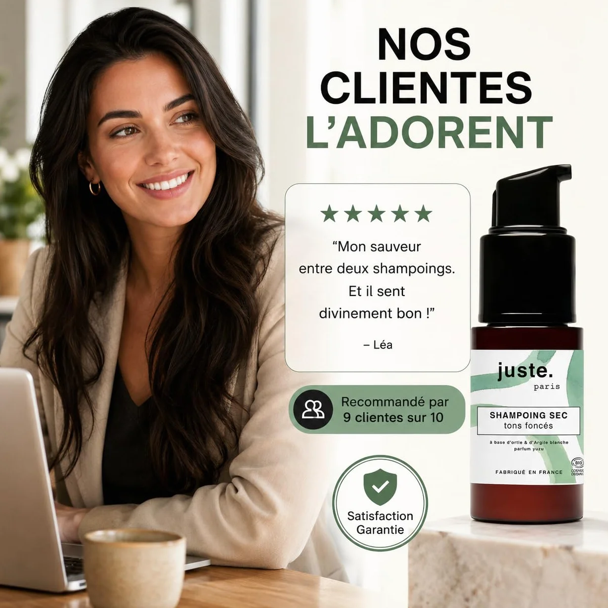 Juste Paris Shampoing Sec Poudre Bio - Cheveux Foncés – Sans Résidus Blancs - Absorbe l’Excès de Sébum & Rafraîchit les Racines – Permet d’espacer les shampoings – Parfum Yuzu - Sans aérosol