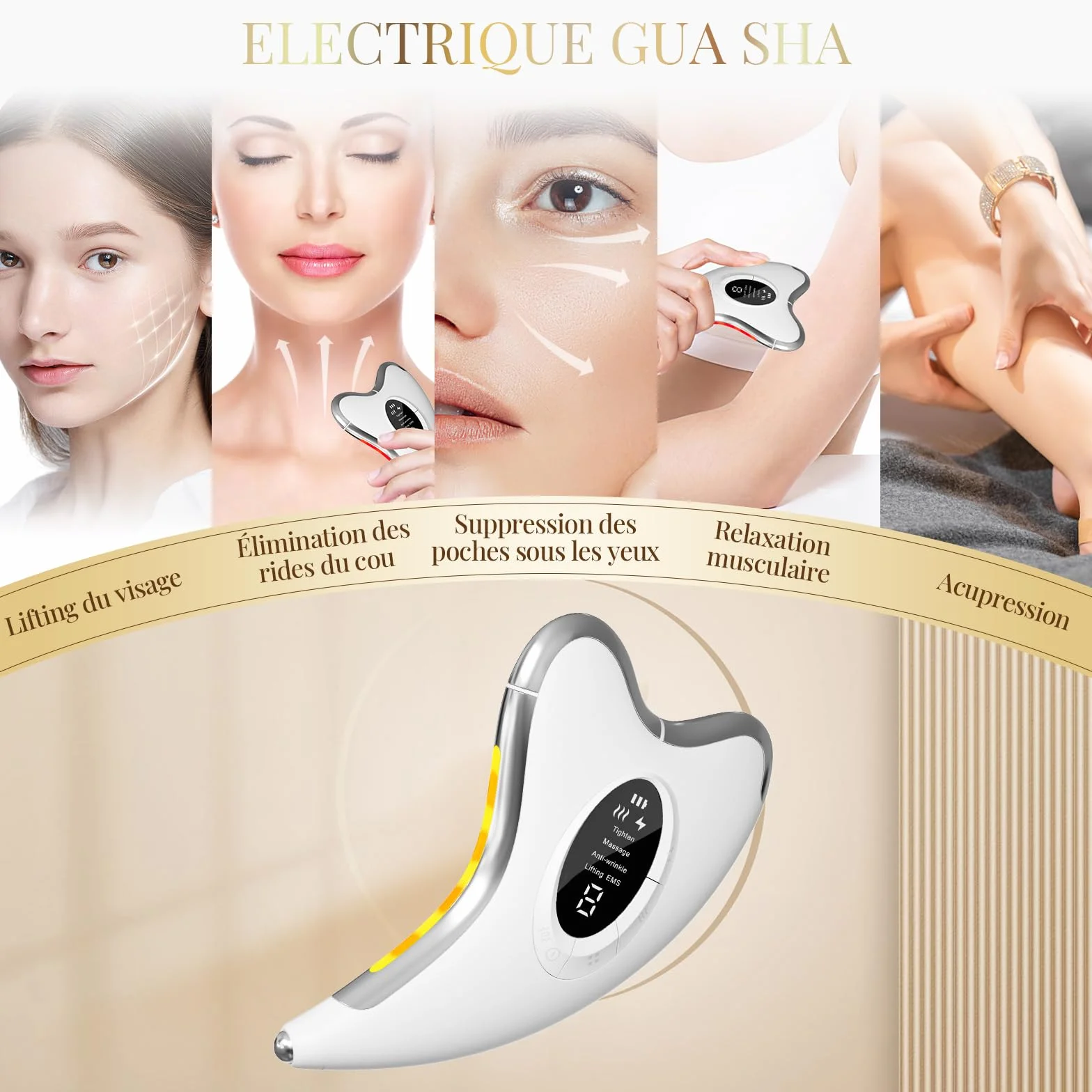 Profey Gua Sha EMS - Appareil de Massage Visage avec Chaleur 45℃, Vibration, Lifting EMS 9 Niveaux, 4 Modes, LED Bleu/Jaune/Rouge - Anti-Vieillissement et Anti-Rides