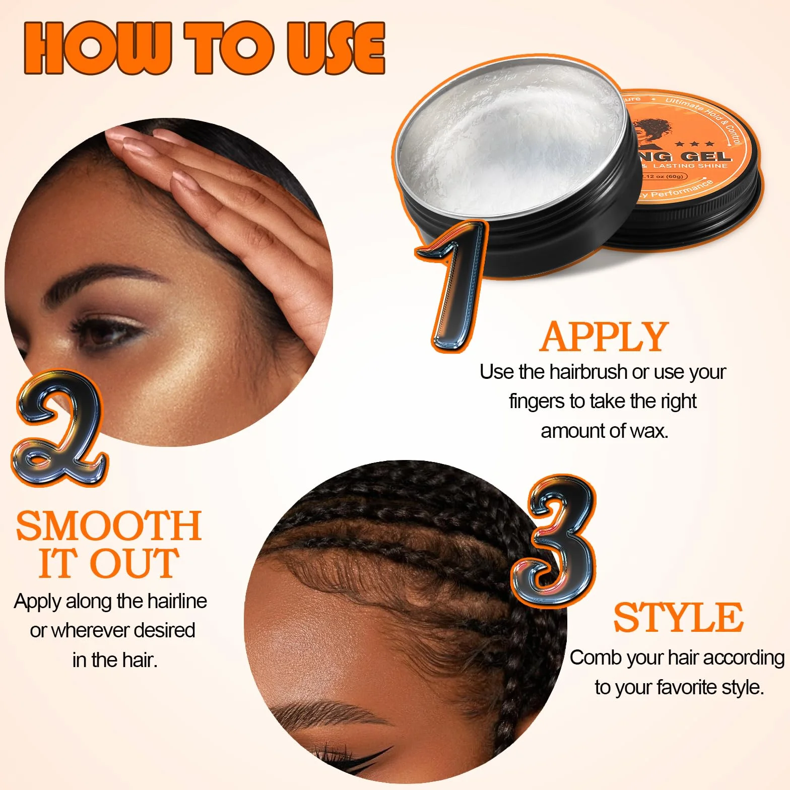 Cire Edge Control,Cire Pour Cheveux à Forte Tenue, Gel Coiffant sSans écaillage Pour Tous Les Types de Cheveux, Non Gras, Gel Pour Tresses Longue Durée, Facile à Utiliser, Plus Lisse