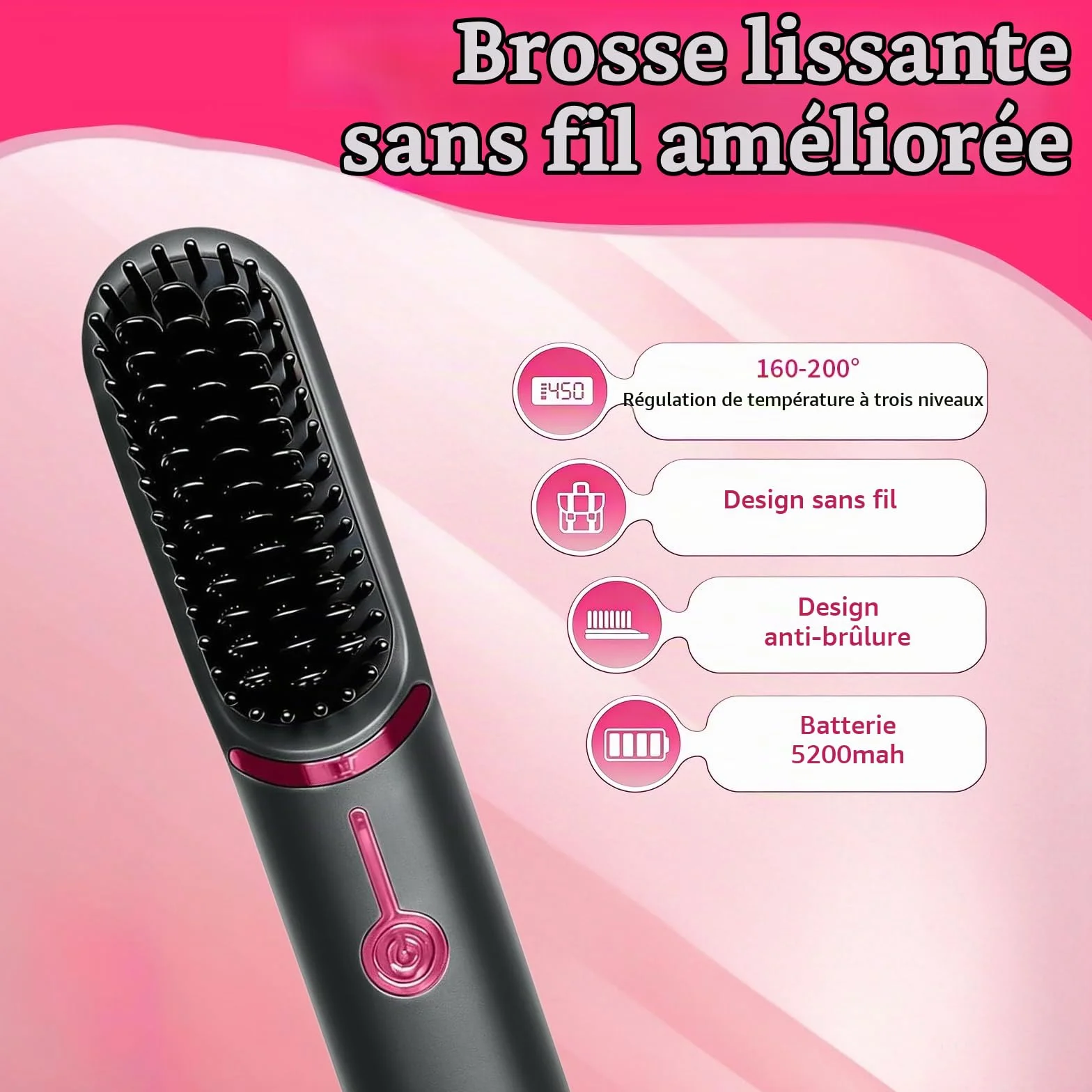 Brosse Lissante pour Cheveux, Lisseur Cheveux Céramique, (Gris) | Portable Sans Fil PTC Chauffage Lisseur, 3 RéGlages De TempéRature, Céramique Anti-BrûLure, pour Voyage & Powerbank