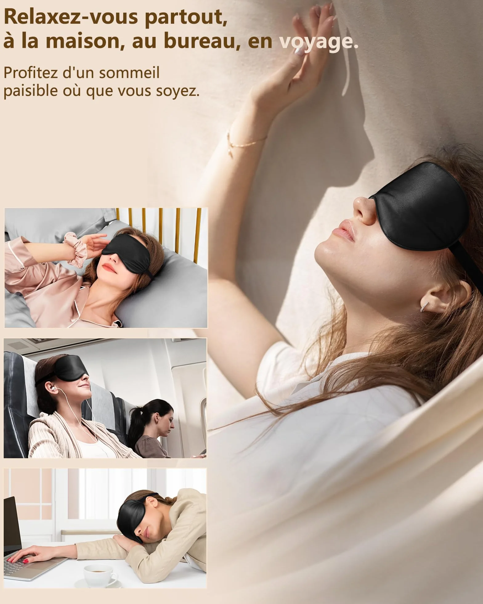 Aosun Masque de Sommeil Antiallergique en Soie Pure 100% Occultant avec Bandeau Réglable Noir