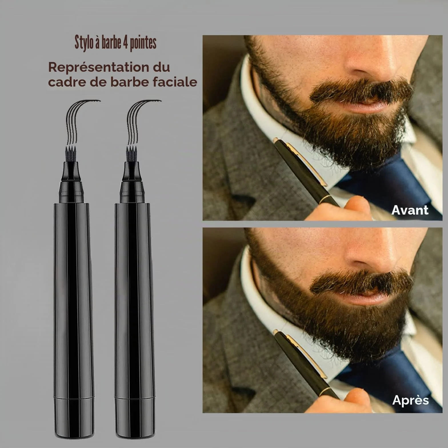 Lot de 2 stylos à barbe noirs naturels, imperméables, longue durée pour barbe et sourcils