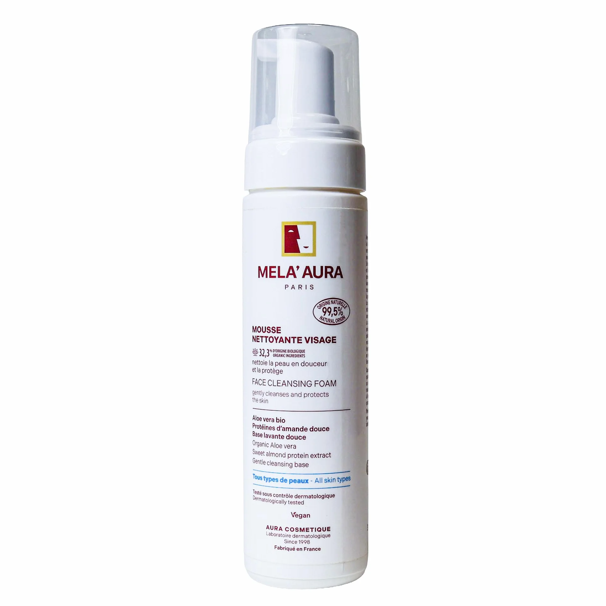 MELA' AURA Mousse Nettoyante Visage Bio, 99,5% Naturelle, Nettoyante et Hydratante, 200ml, avec Aloe Vera et Protéines d'Amande Douce