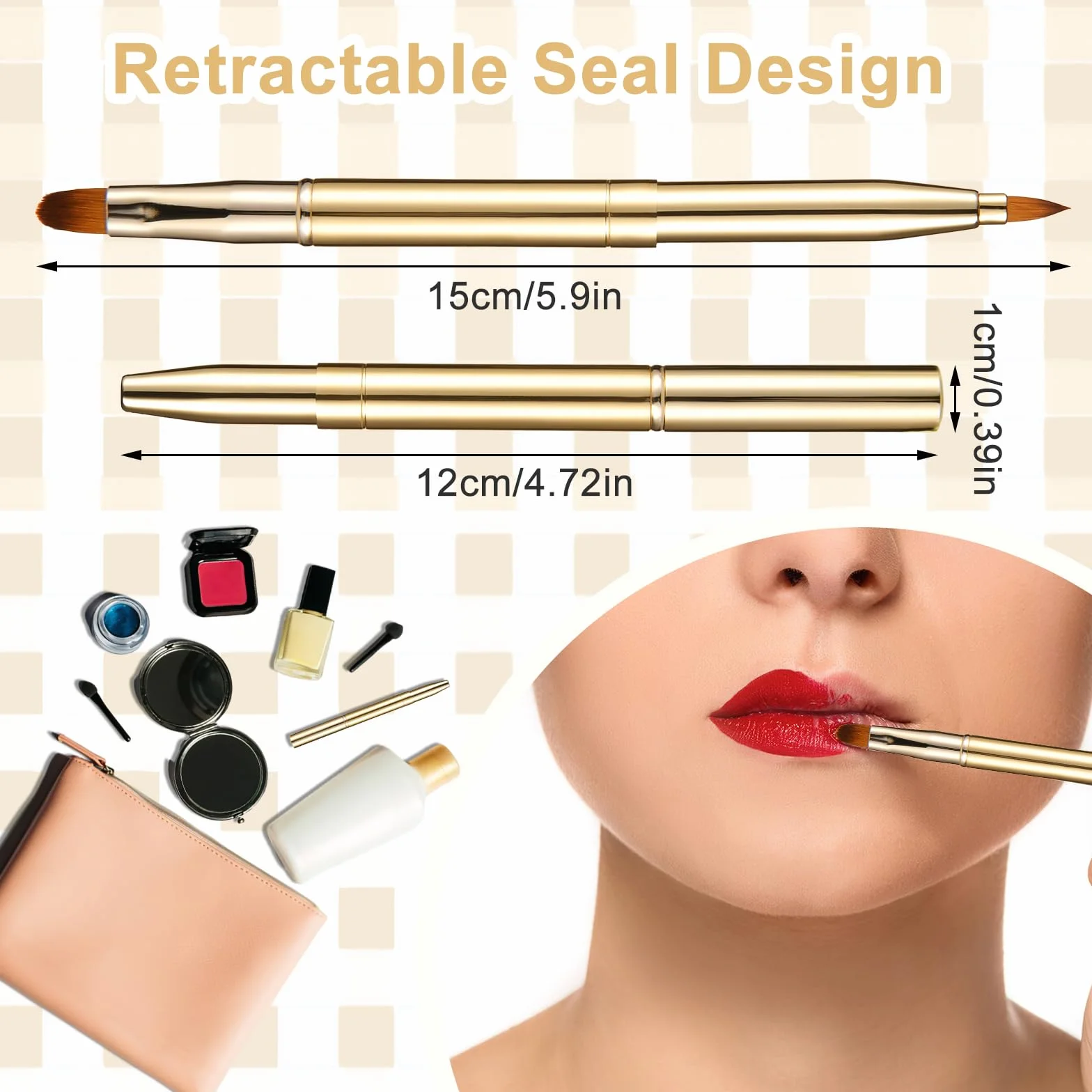 Lot de 2 pinceaux à lèvres rétractables double extrémité en métal pour rouge à lèvres et gloss, portable avec couverture (or noir)