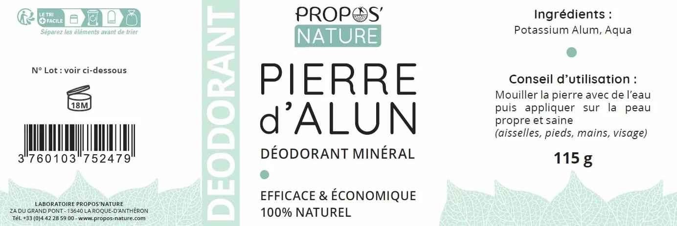 Déodorant Minéral Pierre d'Alun Bio 115 g 100% naturel Sans Alcool Sans Parfum