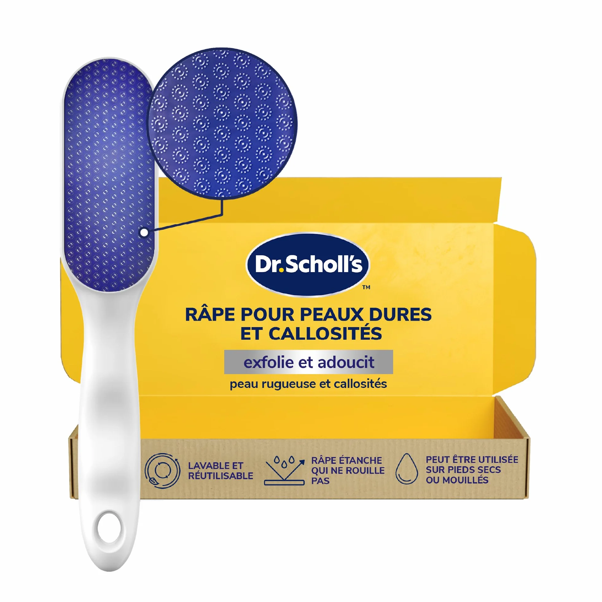 Dr. Scholl’s Râpe Pieds Manuelle en Nano Verre – Élimine Peau Dure et Callosités – Etanche, Lavable