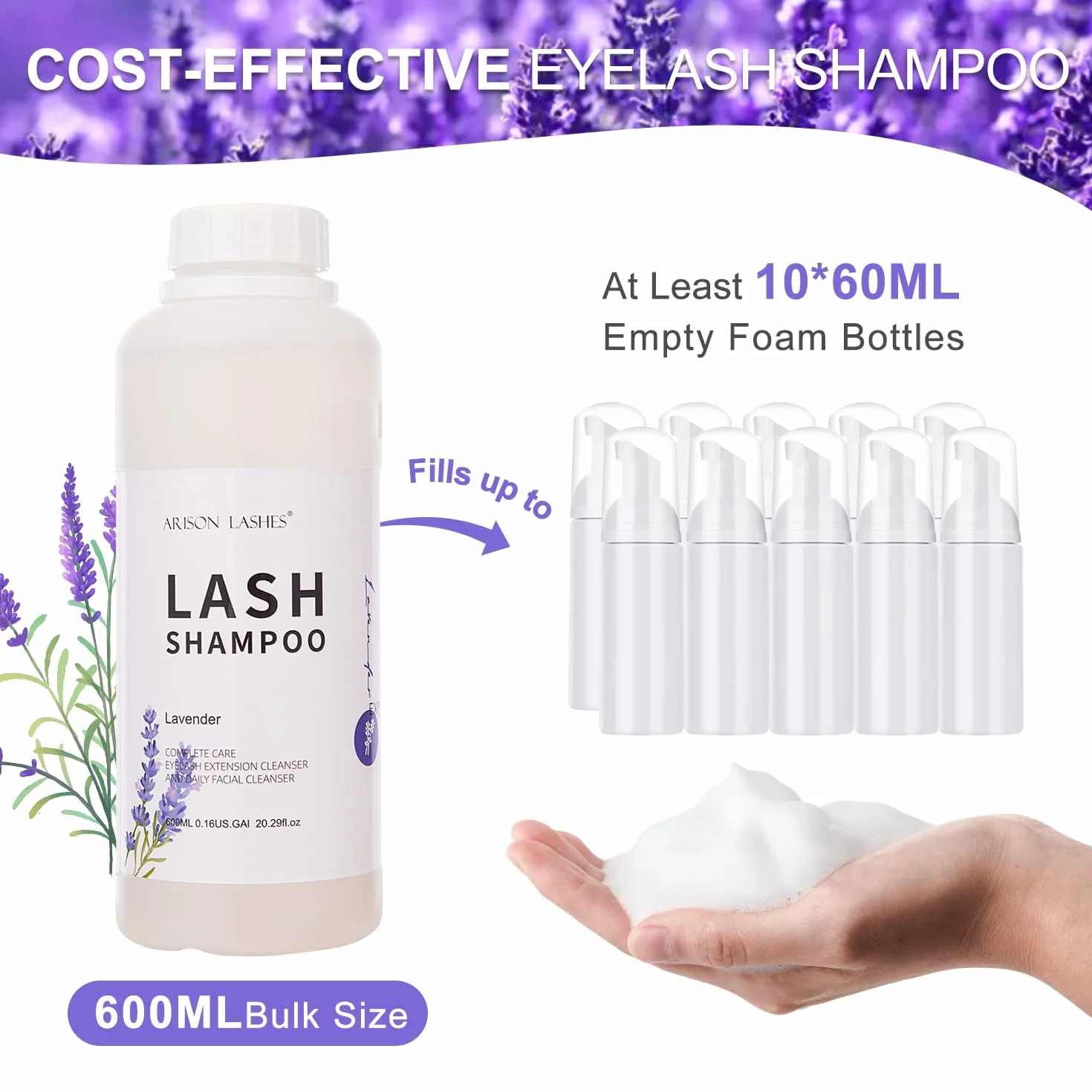 Shampoing Cils Mousse 600ml Nettoyant Paupières Lash Shampoo Eyelash Extension Cleanser Lavender
