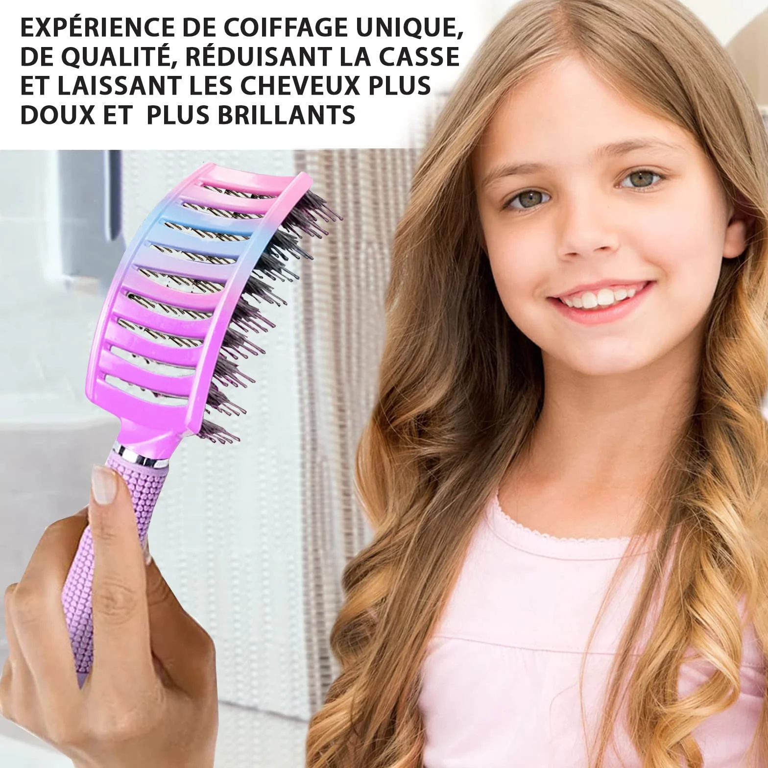 Brosse Poil de Sanglier 2 Brosses à Cheveux Démélant 100% Naturel Rose Arc-en-Ciel
