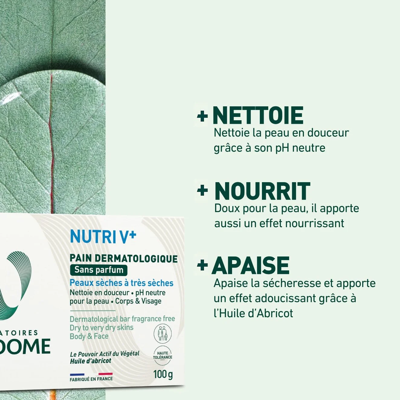 LABORATOIRES VENDÔME NUTRI V+ Pain Dermatologique Sans Parfum 100g pH Neutre Peaux Sèches