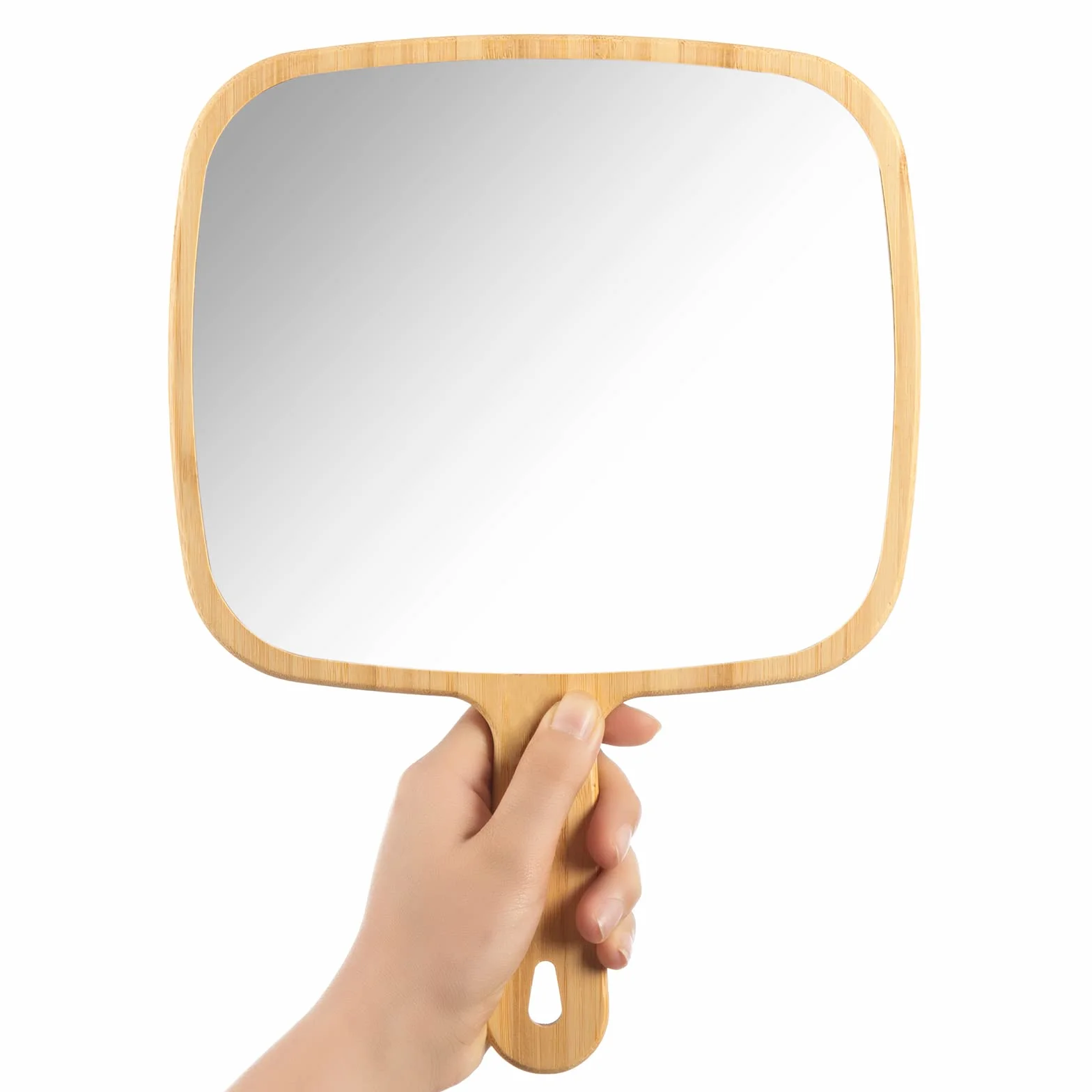 Miroir à main extra large en bambou naturel avec poignée 22,6 x 31,5 cm