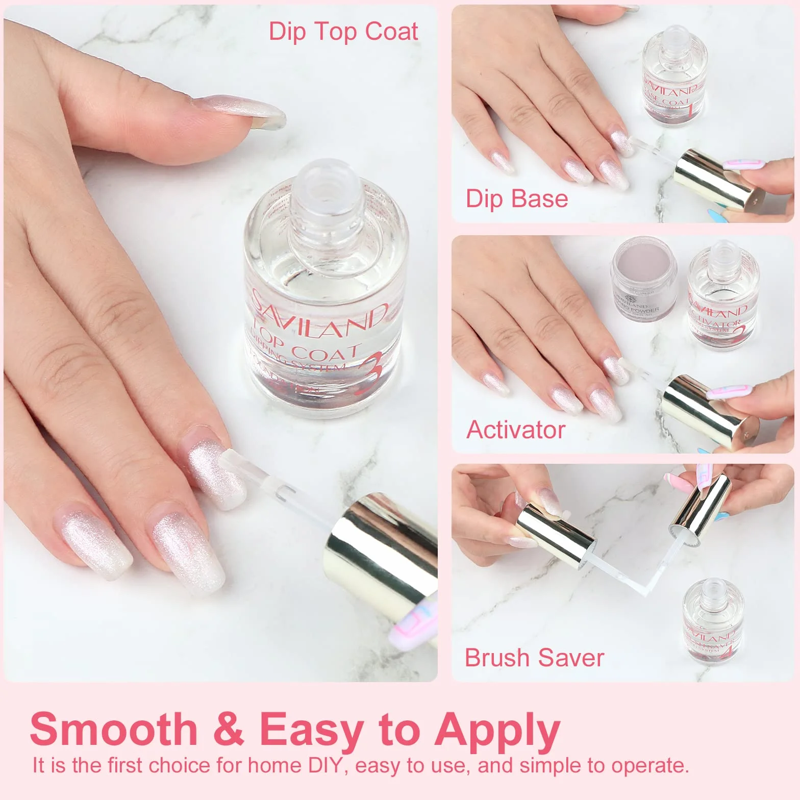Saviland Kit Liquide de Tremper Complet 4x15ML Base et Top Coat Professionel pour Dip Powder