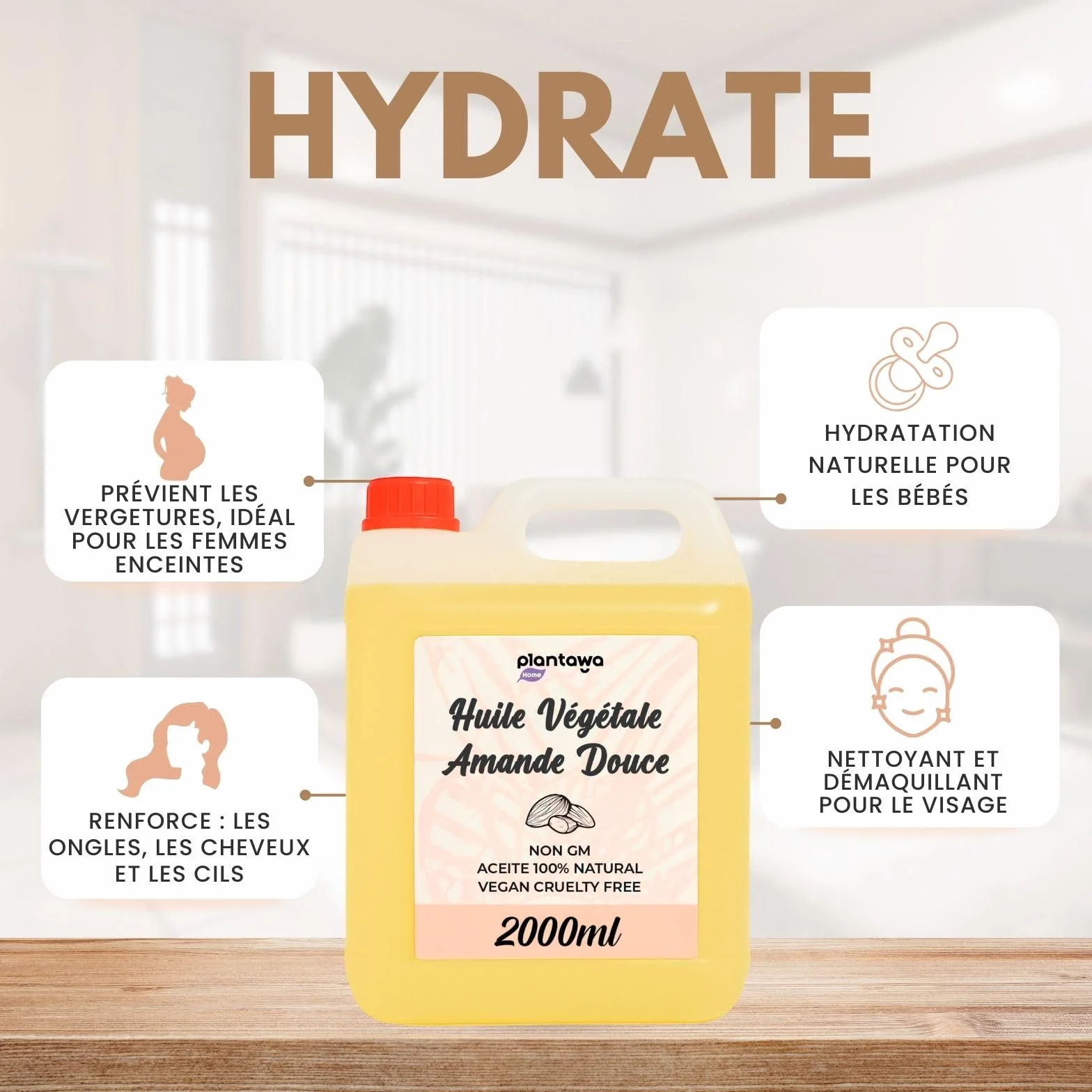 Huile d'amande douce 2L 100% pure soin hydratant intense pour peau cheveux