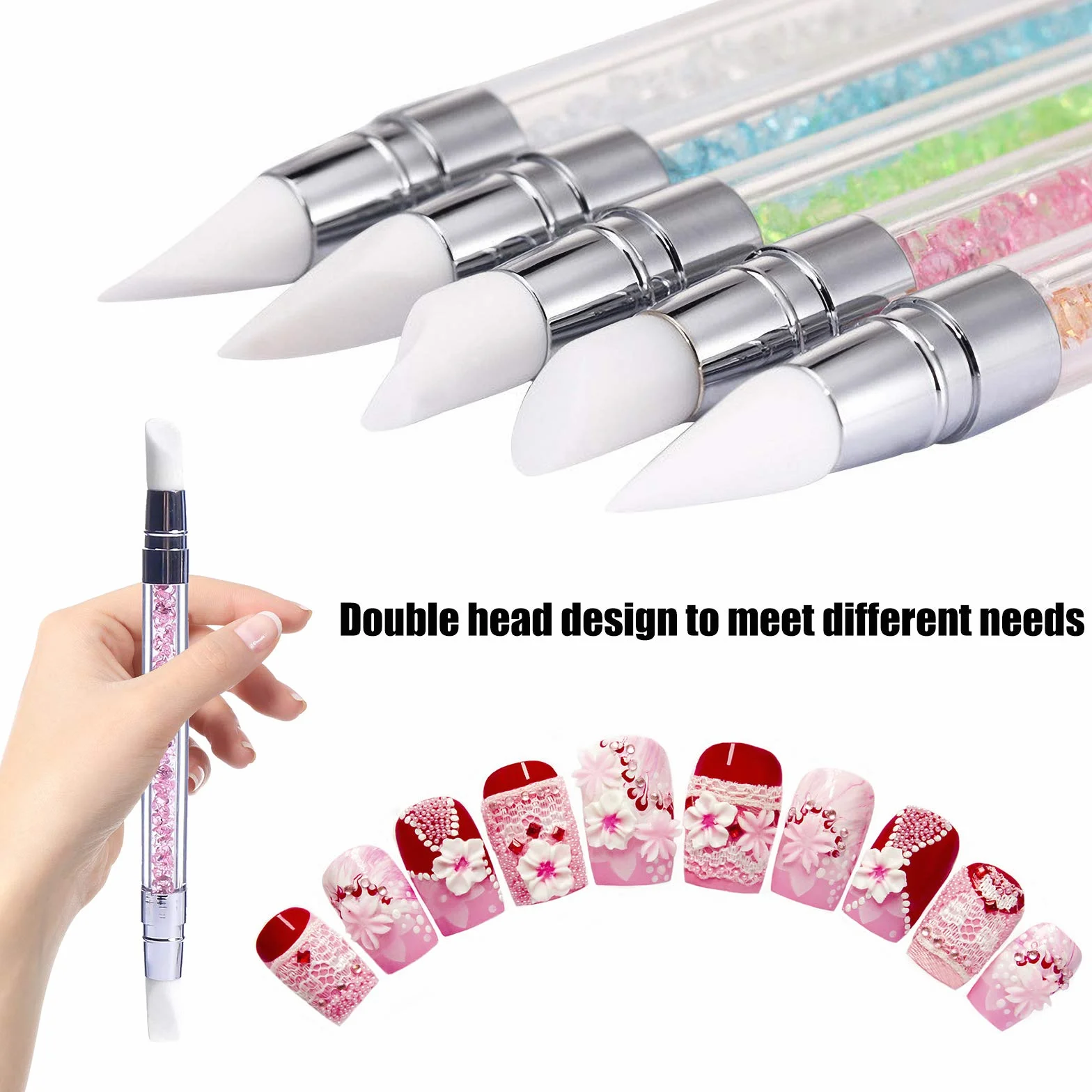 Pinceaux en Silicone Nail Art, 5 Pcs Sculpture Stylo Kit, Double Tête Outils pour Manucure