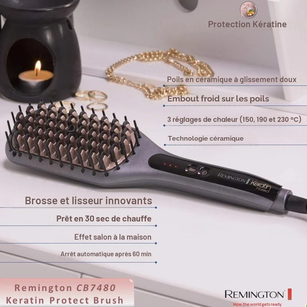 Remington Brosse Lissante Ionique 2en1 Lisseur & Brosse à Cheveux Keratin Protect Céramique 150-230° Fer à lisser CB7480