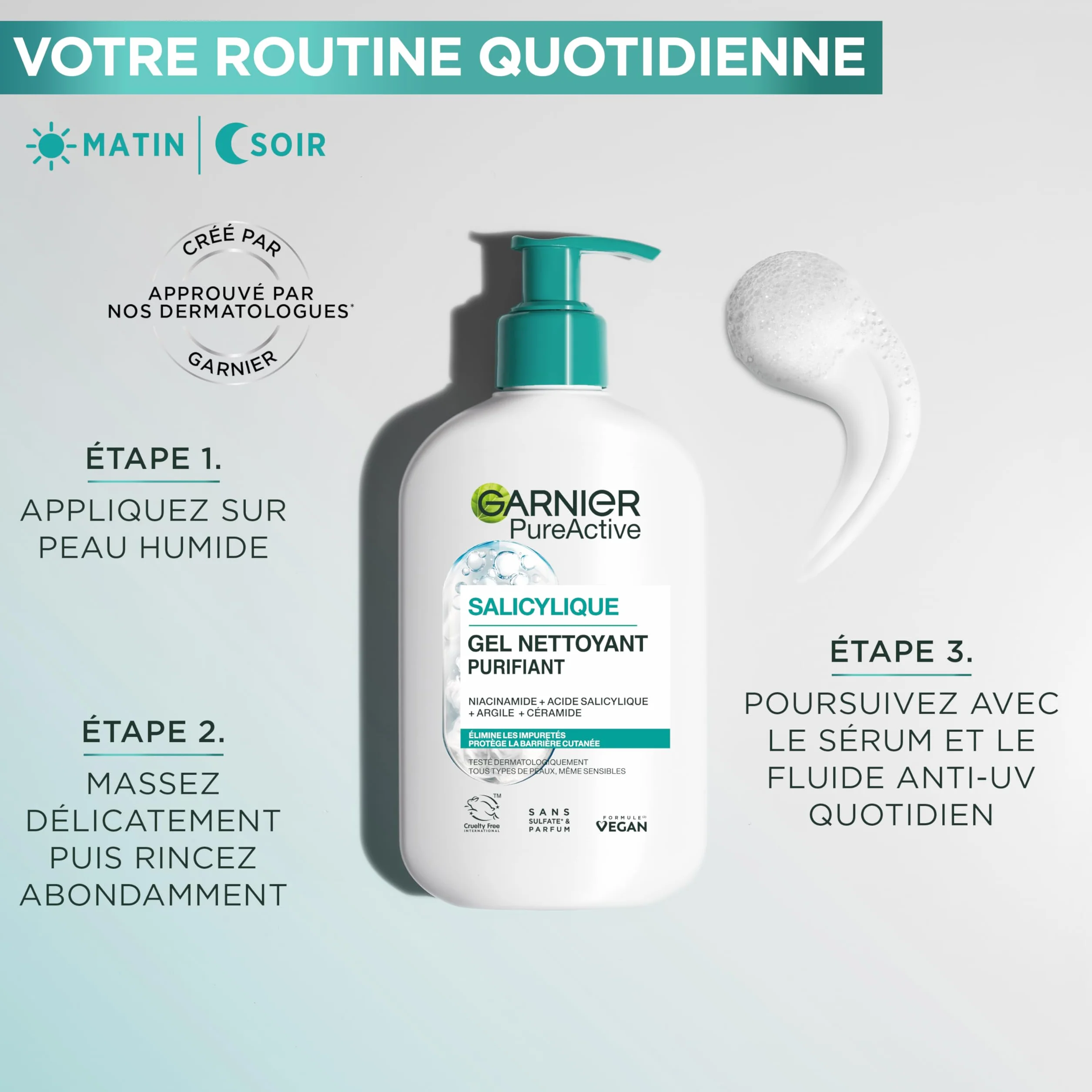 Garnier Pure Active Gel Nettoyant Moussant 250 ml Purifie Hydrate Élimine Impuretés Acide Hyaluronique Céramide Argile Vegan