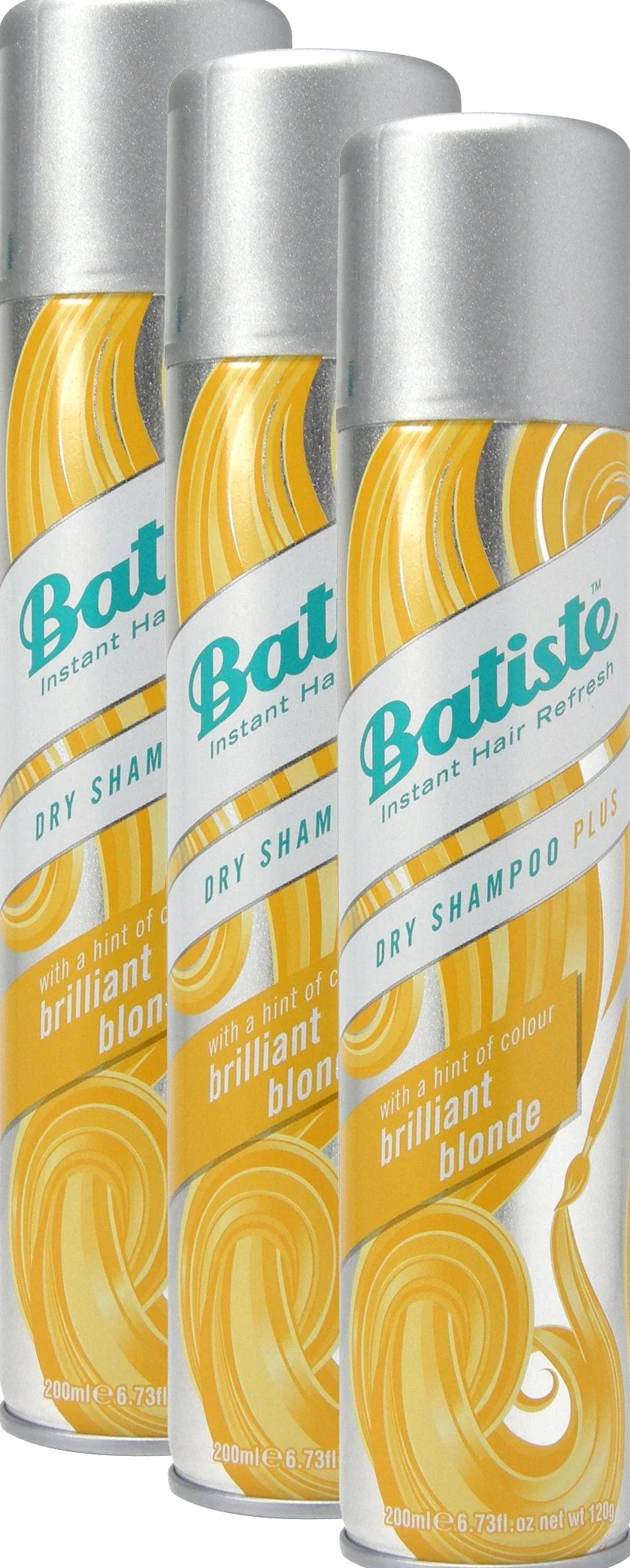 Pack de 3 shampoings secs, avec un soupçon de couleur blond brillant pour tous les types de cheveux - Batiste - 3 x 200 ml.