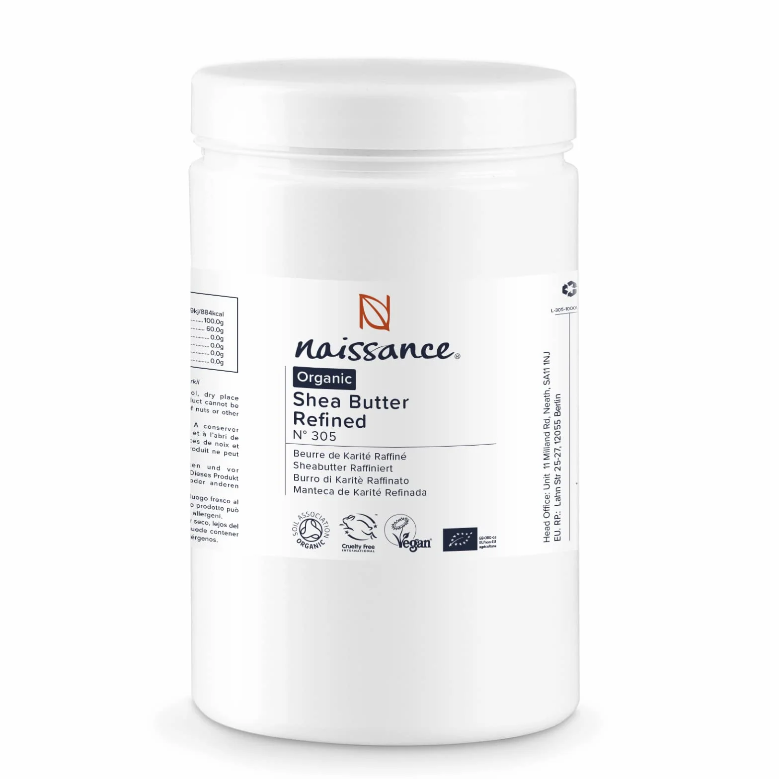 Naissance Beurre de Karité BIO d'Afrique (No. 305) - 1kg - Raffiné, Solide, Sans Odeur - pour Cheveux Sec ou Afro, Corps, Visage - Pur, Végan, Naturel et Certifié BIO