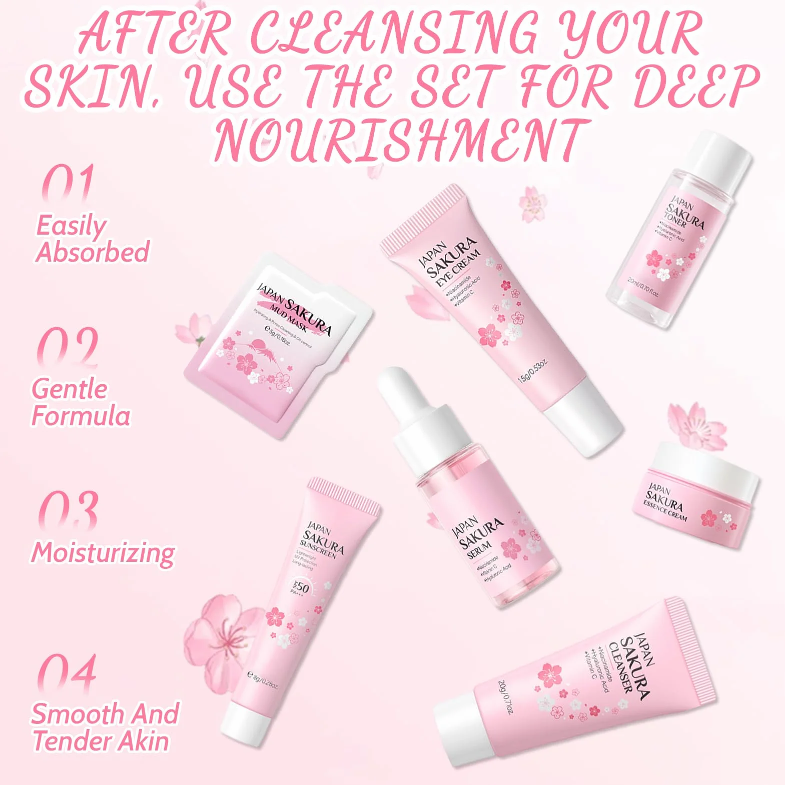Sakura Ensemble de Soins de la Peau 29 Pièces Coffret Cadeau Crème Nettoyante Toner Sérum Masque de Boue