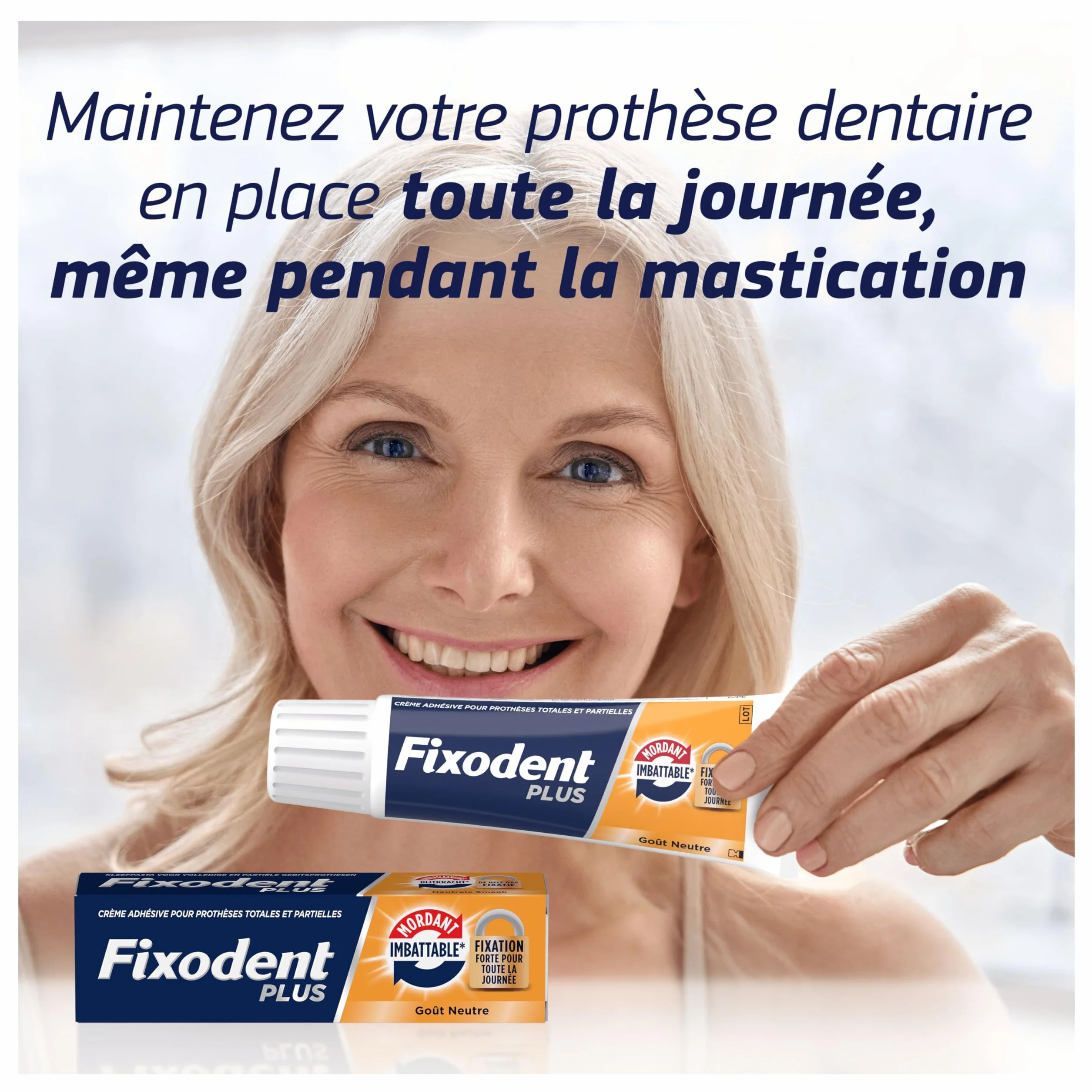 Fixodent Crème Adhésive Plus Mordant Imbattable pour Prothèses Totales et Partielles, Goût Neutre, 57ml