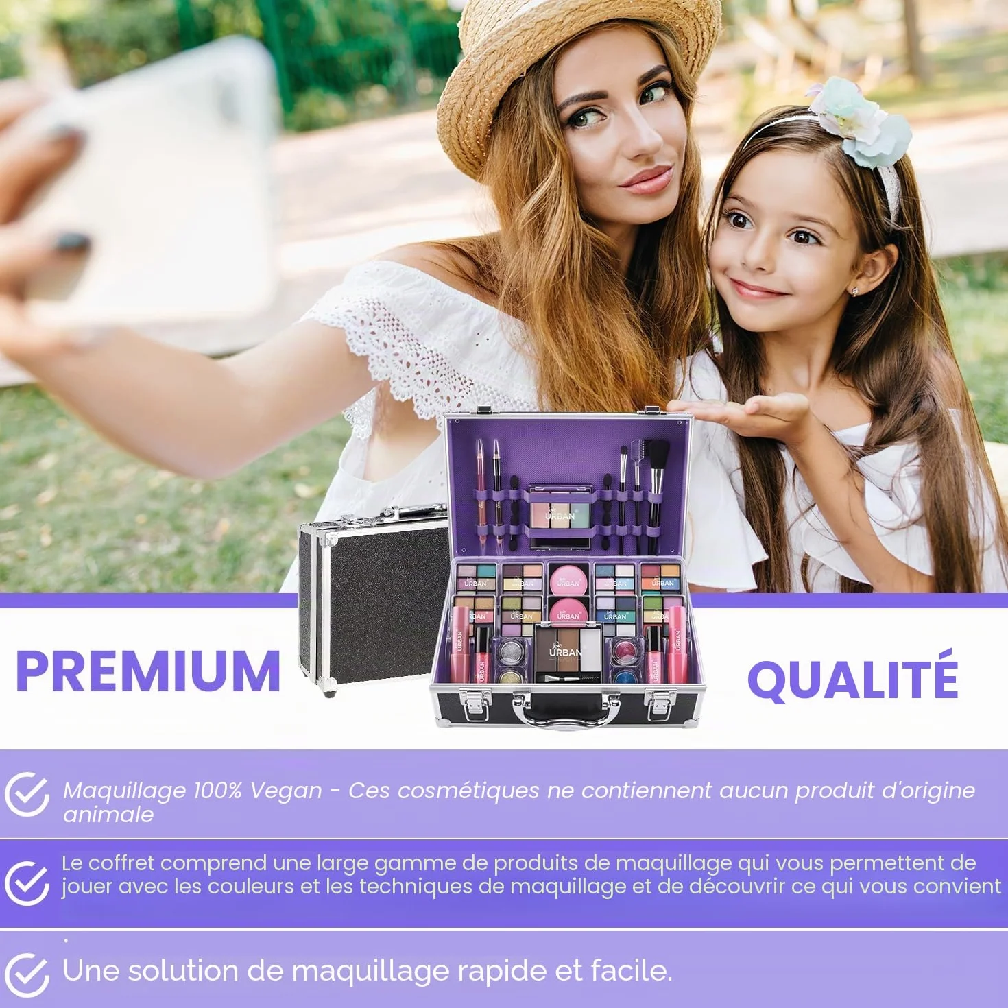 Bliss Trousse de produits de Maquillage Végan - Valise de Maquillage Complète avec Fard à Paupières et à Joues, Rouge à Lèvres, Cire et Poudre à Sourcils, pinceau – Organiseur avec Cadre en Aluminium
