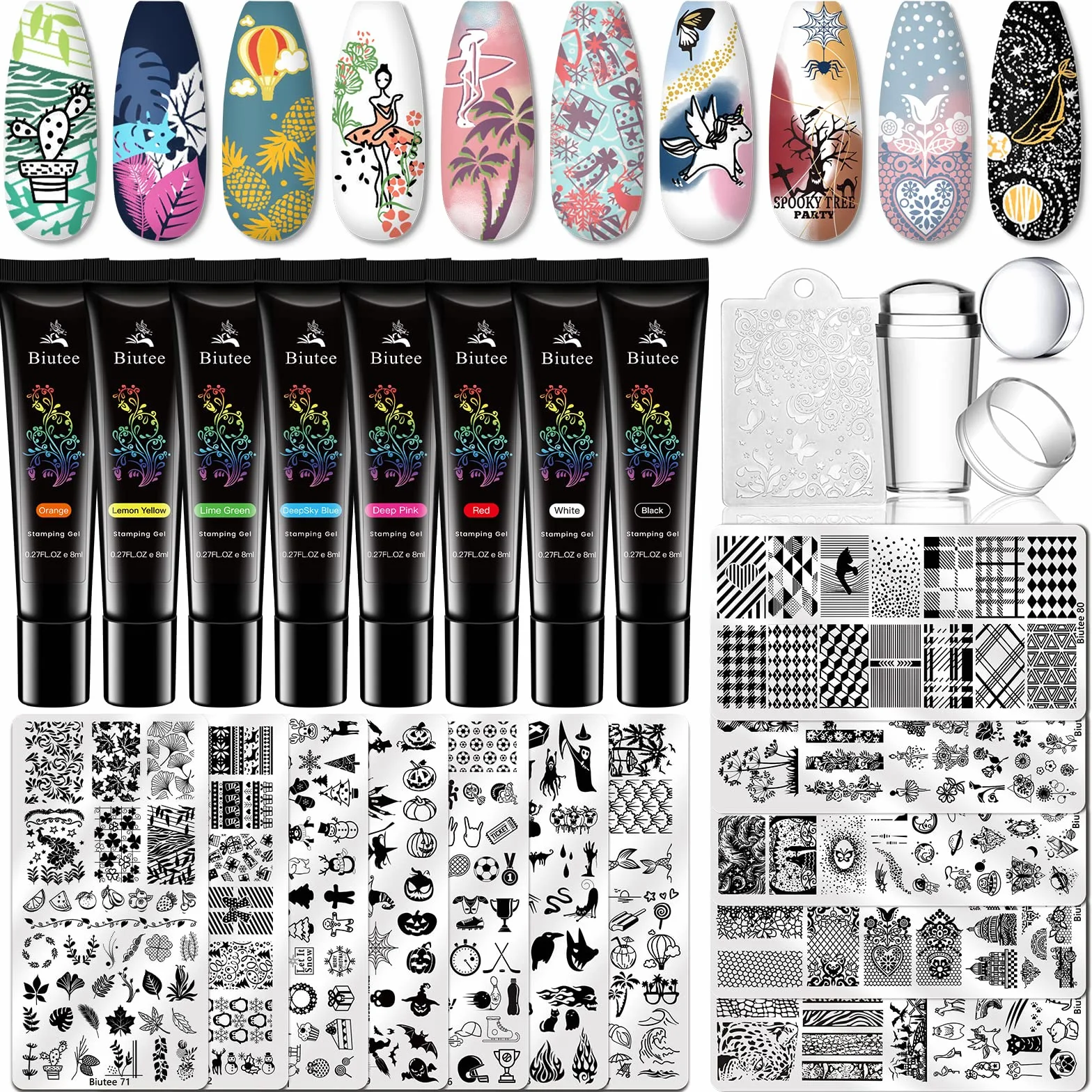 Biutee Set de Stamping Nail Art Kit d'estampage d'ongles 12 pièces modèles d'art d'ongle Gel Polish Vernis à ongles 8 couleurs 8ml avec 1 Tampon 1 Grattoir