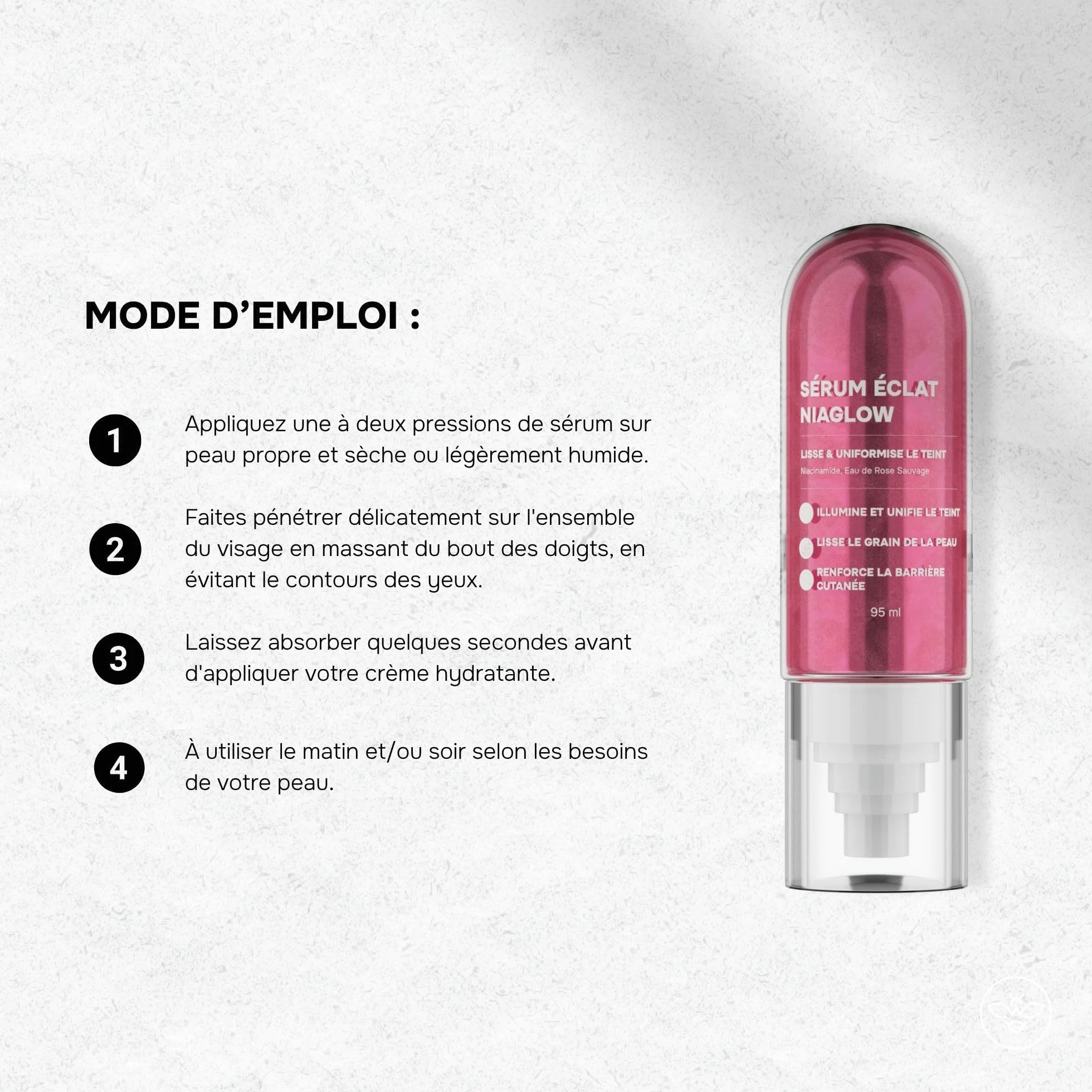 Sérum Éclat NiaGlow - Soin de la Peau Illuminateur de Teint - Lisse le Grain de Peau - Peaux à Imperfection - Niacinamide, Eau de Rose Sauvage - Korean Cosmetic Research - 95 ml
