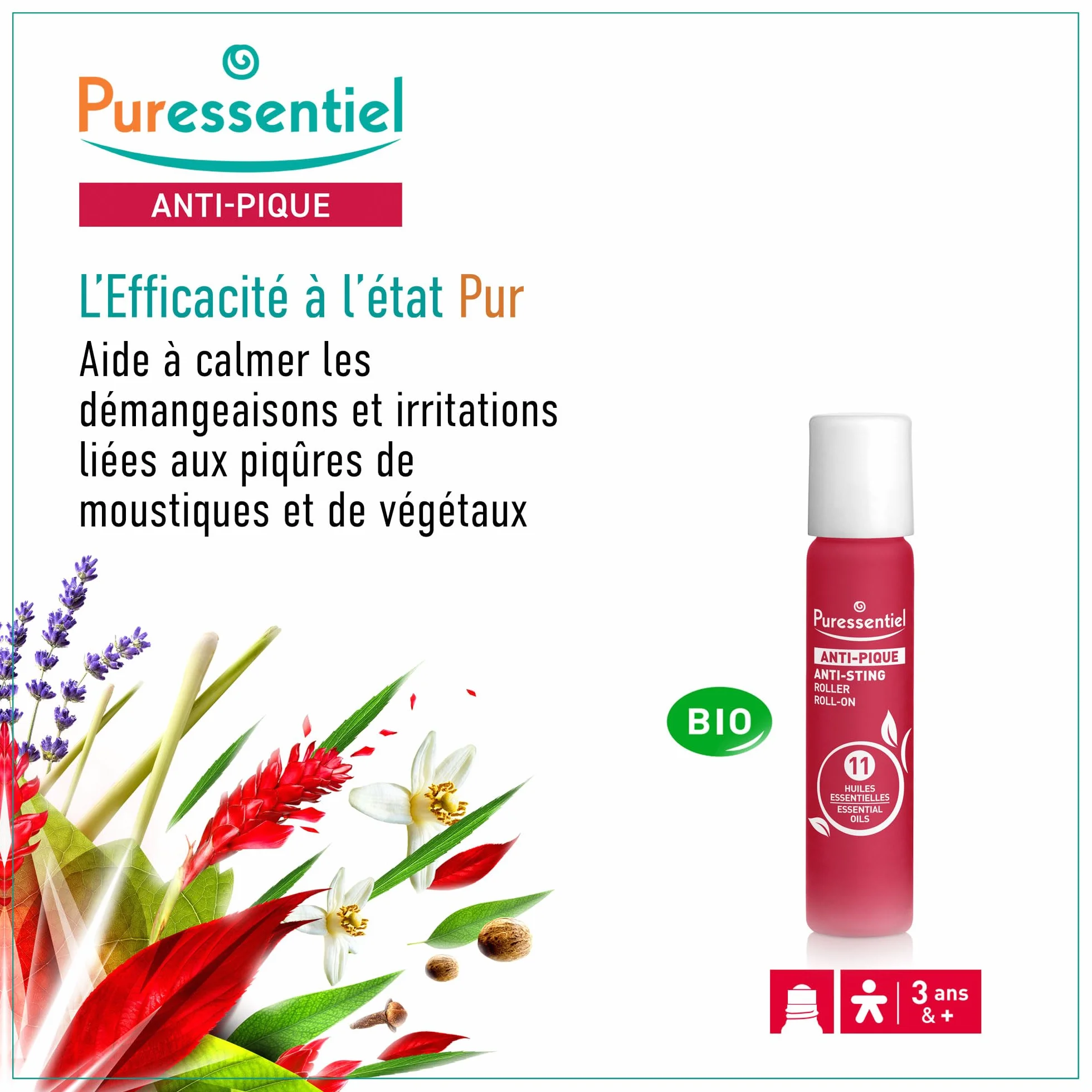 Puressentiel Anti-Pique Roller Apaisant BIO – 5 ml – Calme piqûres d’insectes et irritations – 11 Huiles Essentielles