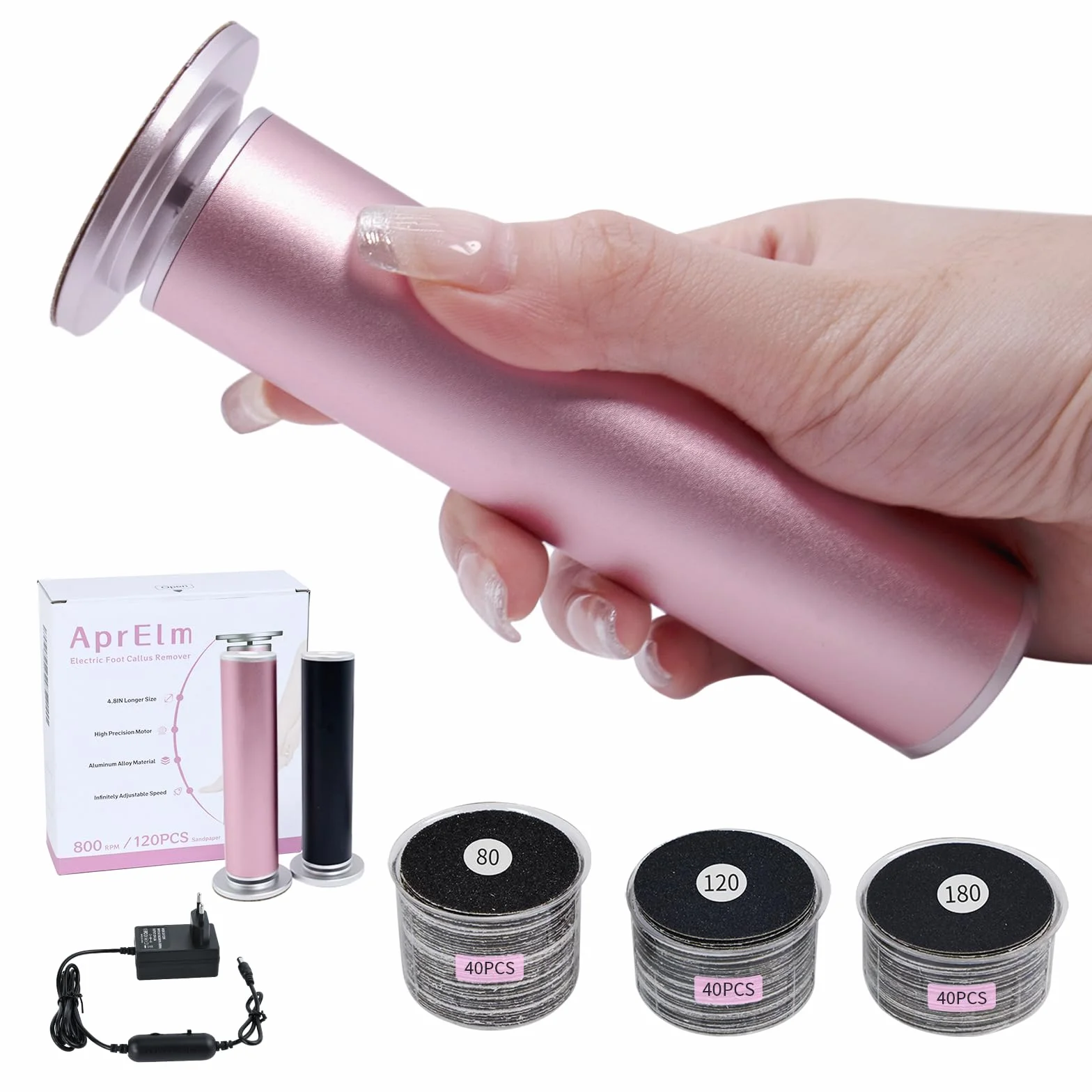 AprElm E1 Rapeuse Pieds électrique Professionnelle 12 cm avec 120 Disques Abrasifs et Vitesse Variable Rose