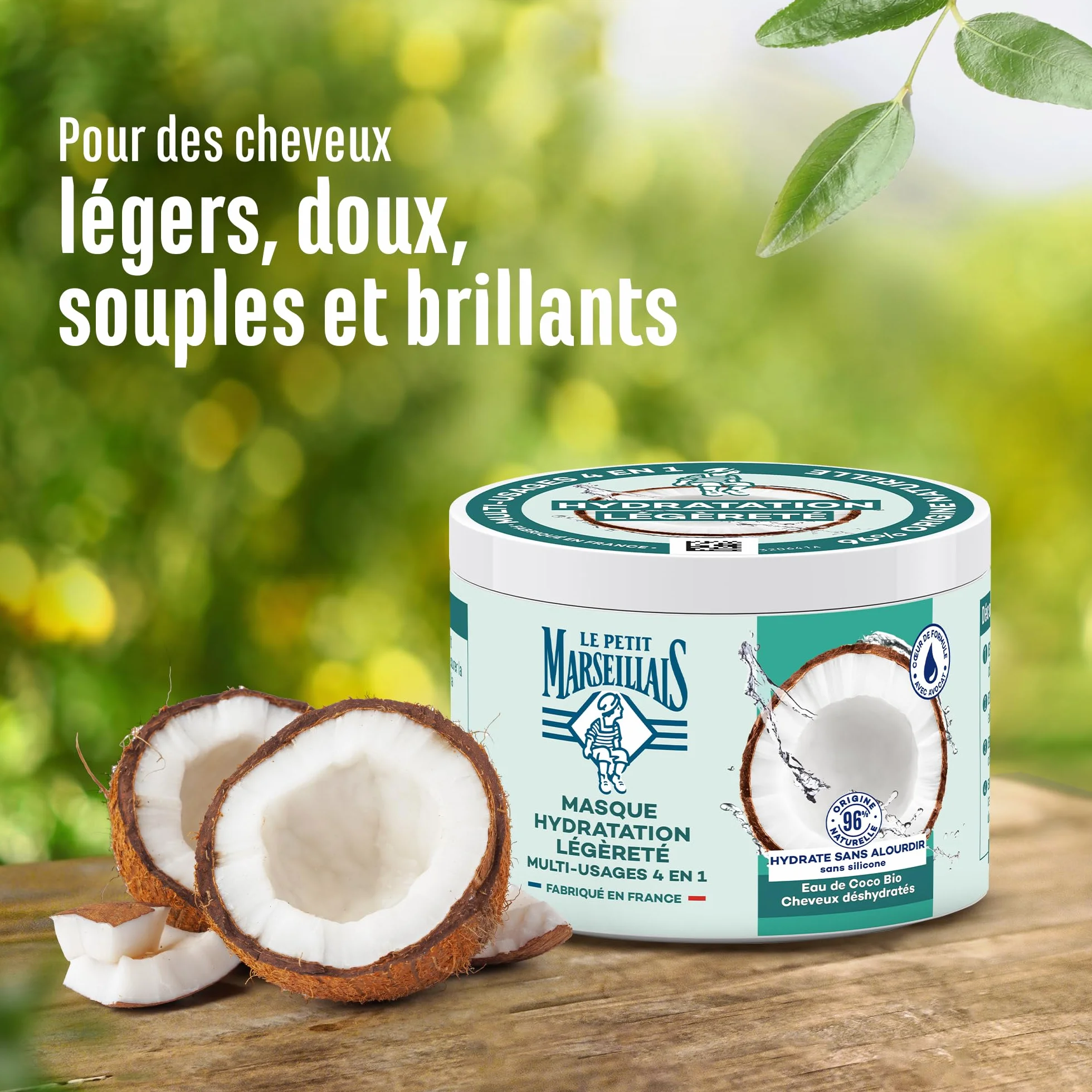 Le Petit Marseillais Masque 4 en 1 Hydratation Eau de Coco Bio 370 ml Masque Capillaire Cheveux Déshydratés