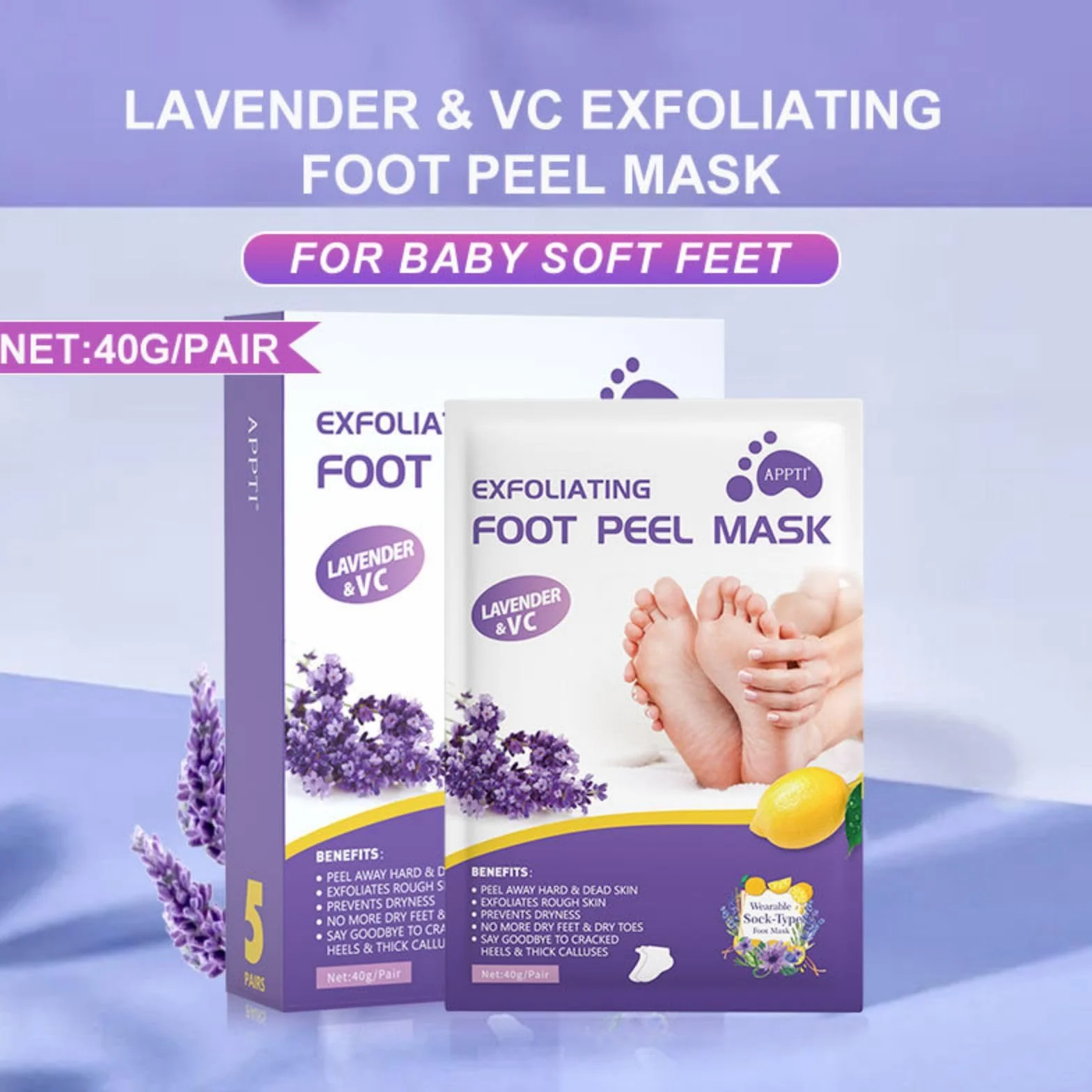 Joyeee Masque Peeling Pieds Exfoliant Nourrissant Chaussettes Soin Pieds Lavande