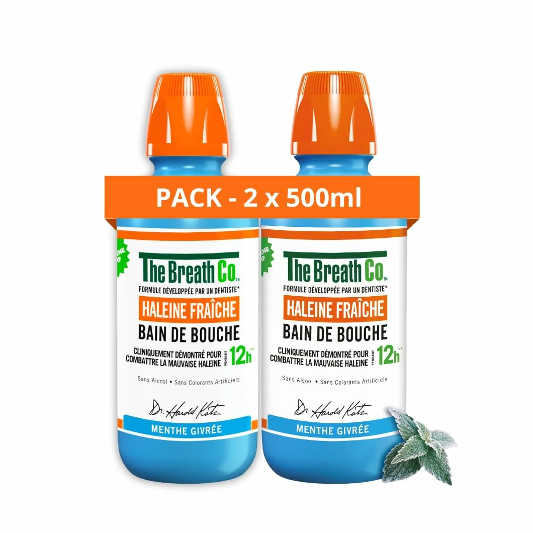 The Breath Co. Bain de Bouche Sans Alcool Haleine Fraîche 12h Menthe Givrée Lot de 2 x 500ml