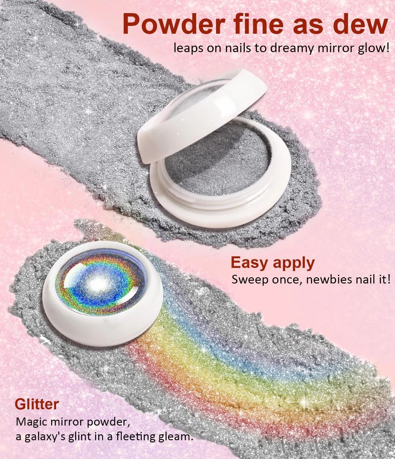 Poudre Chrome Ongle Argent BISHENGYF Miroir Effet Holographique 2PCS Nail Art