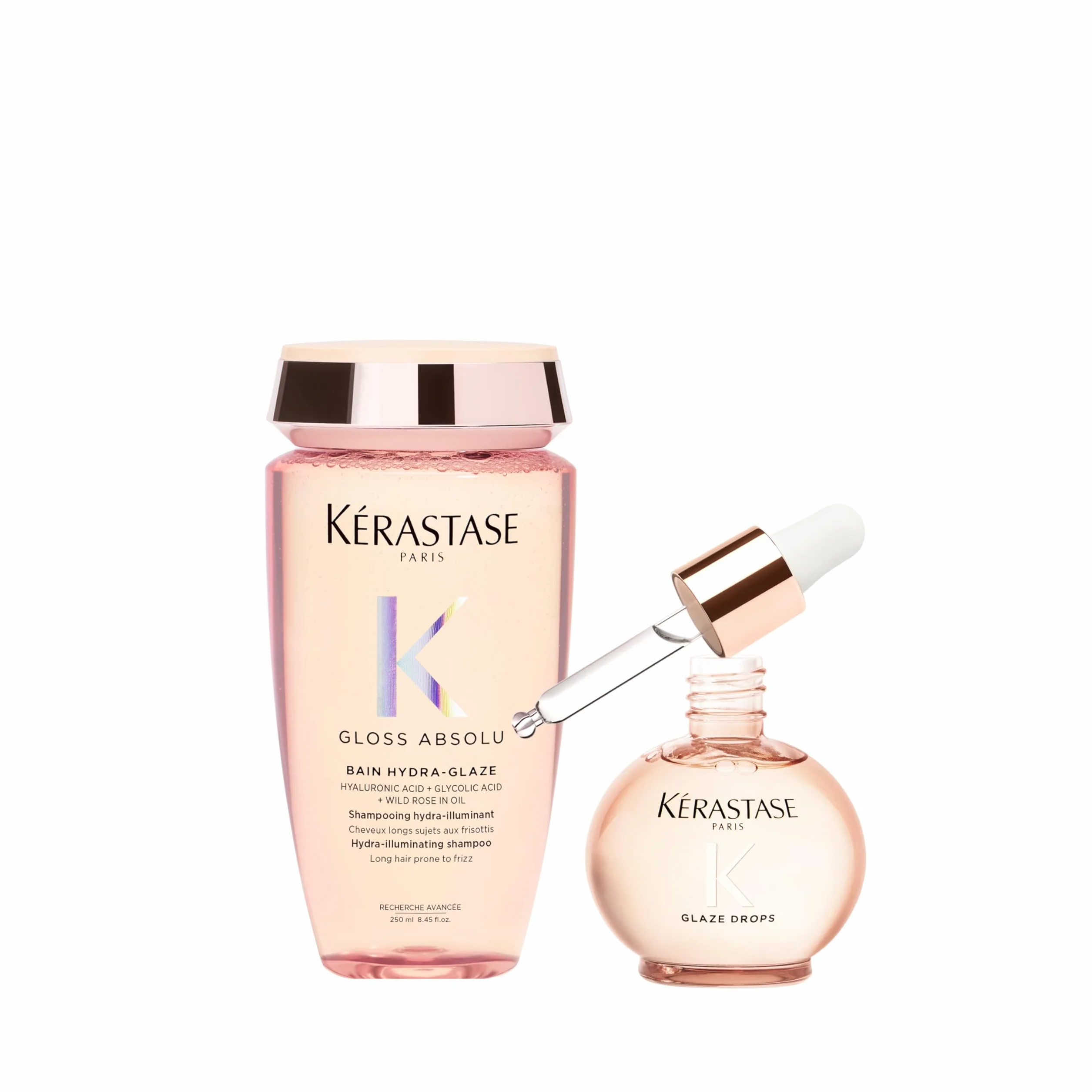 KERASTASE Gloss Absolu - Duo Shampoing Bain Hydra-Glaze 250 ml + Huile Glaze Drops 45 ml - Hydrate, Adoucit & Discipline - Légèreté Aérienne - Effet Ultra-Glossy - Cheveux Longs Sujets aux Frisottis