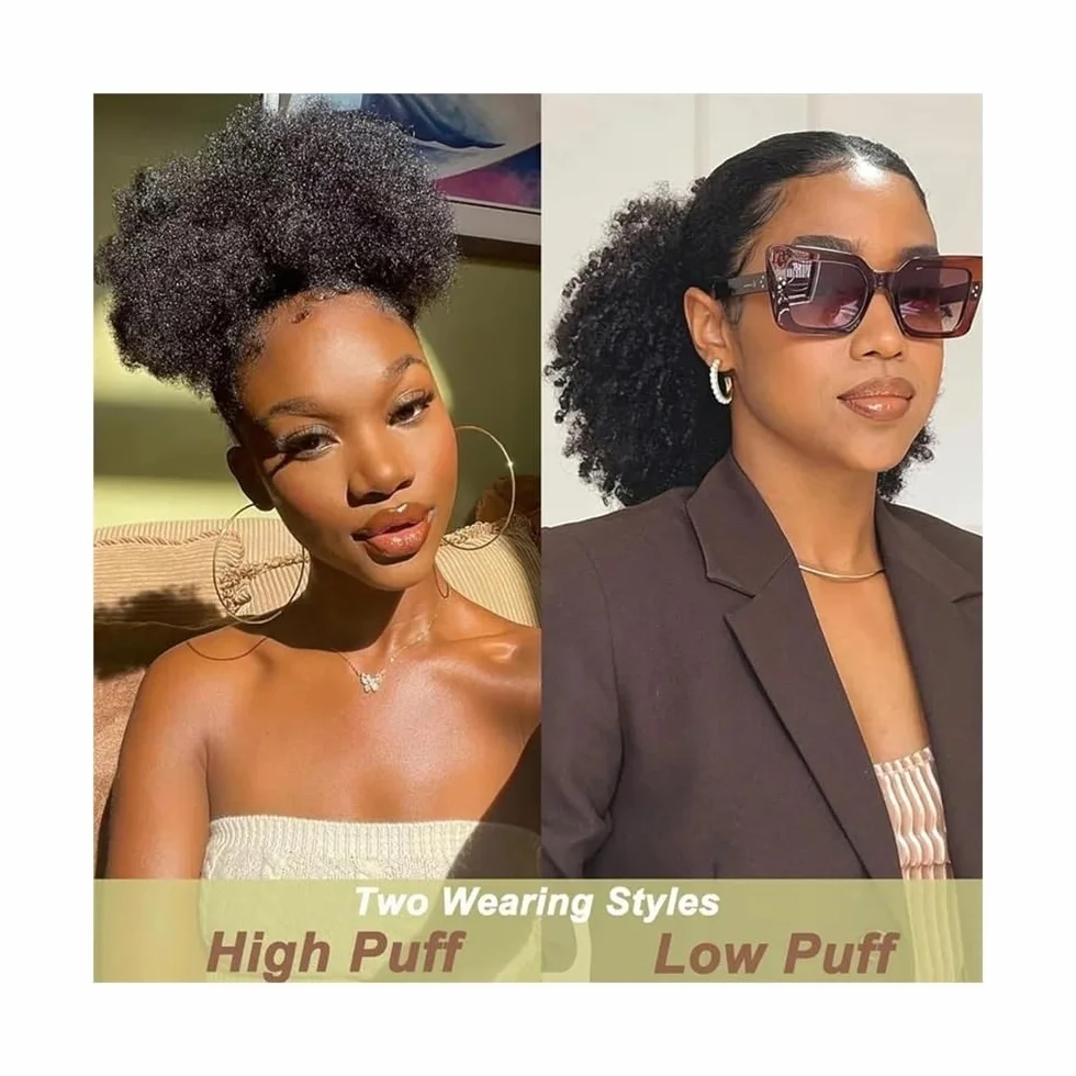 Health Extension de queue de cheval afro courte bouclée avec cordon de serrage pour femme noire Synthétique Afro Puff Queue de cheval avec clips Soins personnels (Noir)