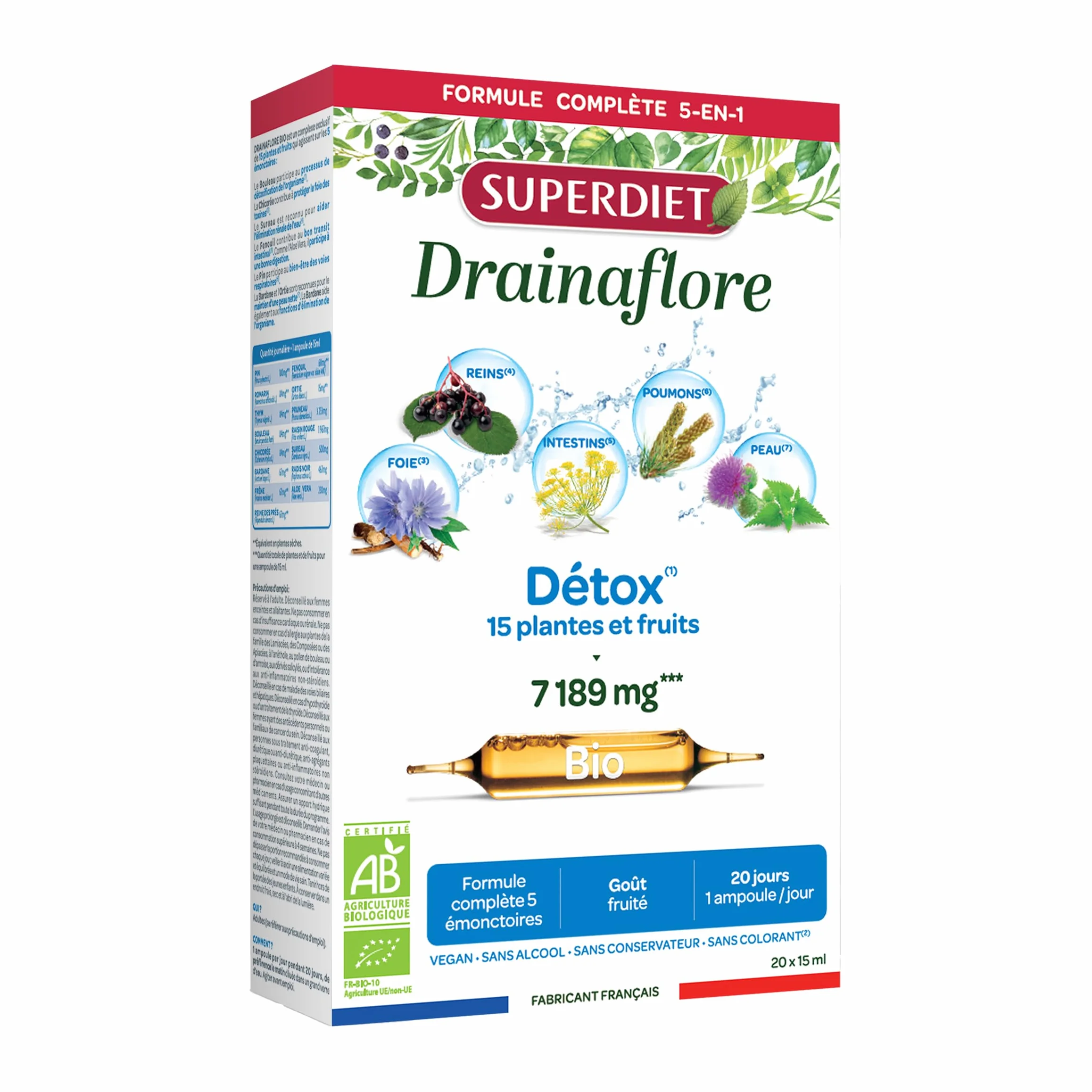 SUPERDIET-DRAINAFLORE BIO Drainage Détox 5 émonctoires 20 ampoules 15 ml Fabrication française