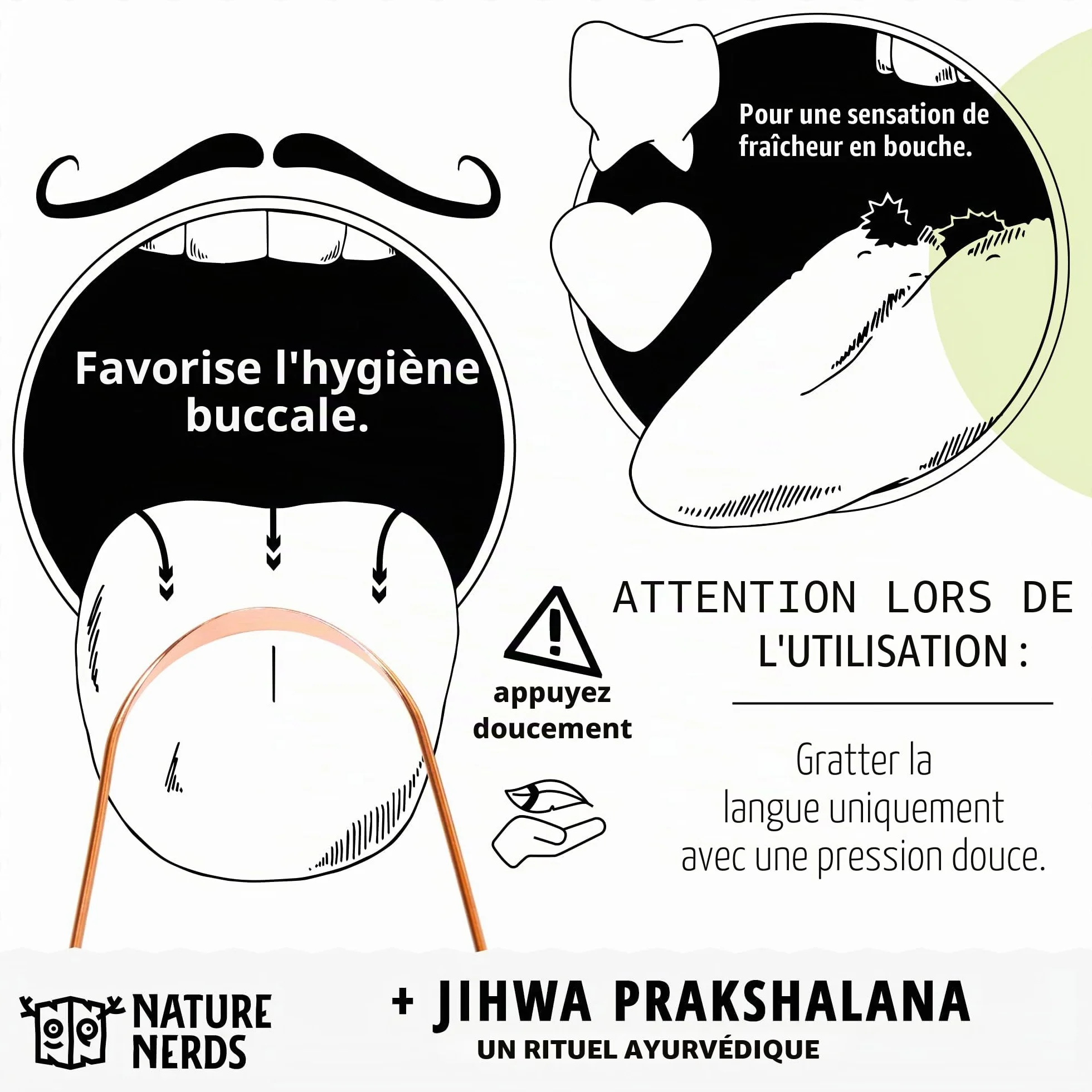 Cure-langues en cuivre 3 pièces Jihwa Prakshalana rituel ayurvédique hygiène buccale sans plastique