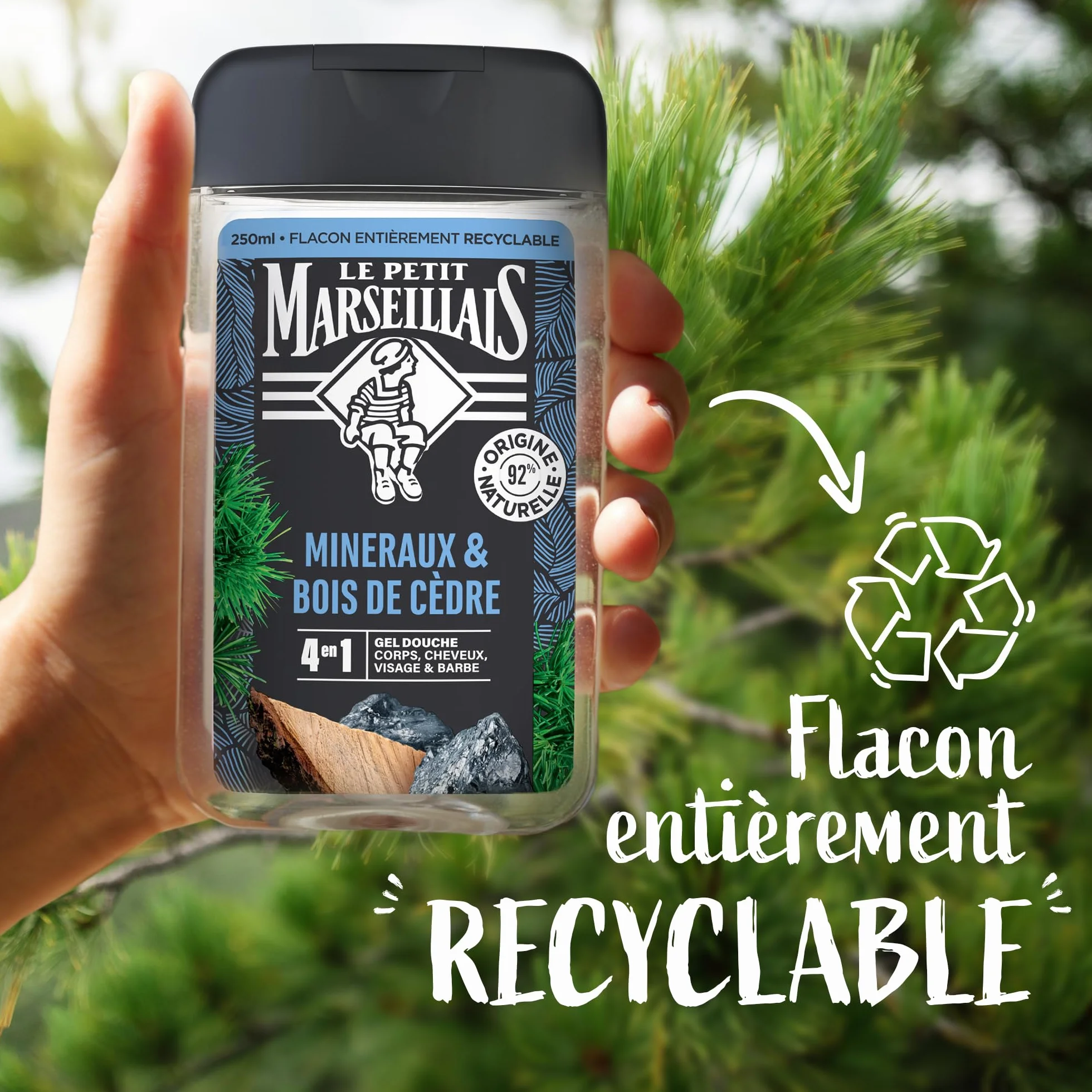 Le Petit Marseillais Gel Douche Homme Minéraux & Bois de Cèdre 250 ml 4 en 1 Corps Cheveux Visage Barbe 92% Ingrédients Naturelle pH Neutre