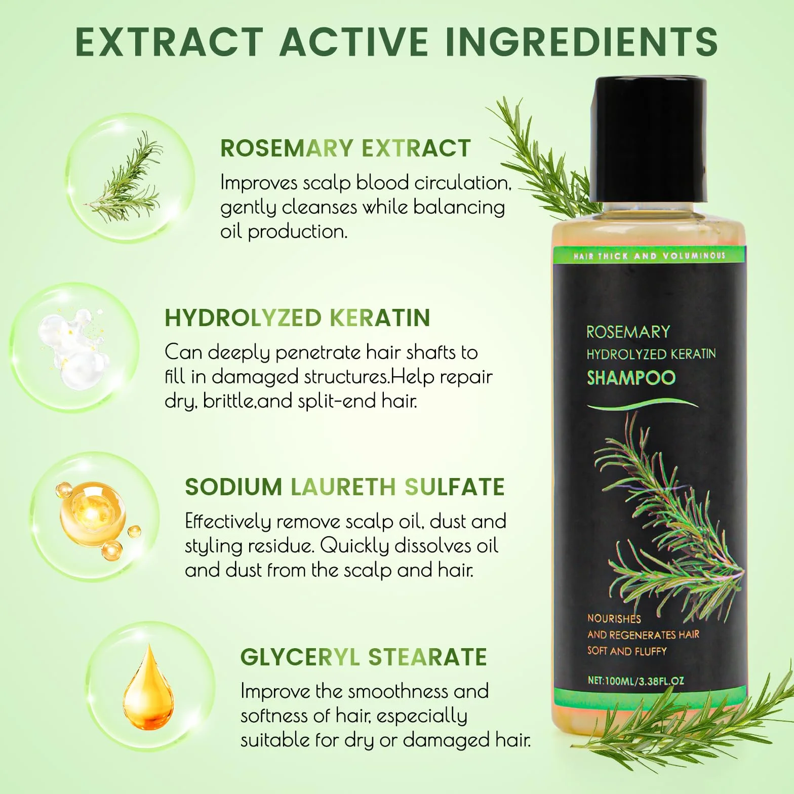 Shampooing au romarin biologique à la kératine pour croissance des cheveux