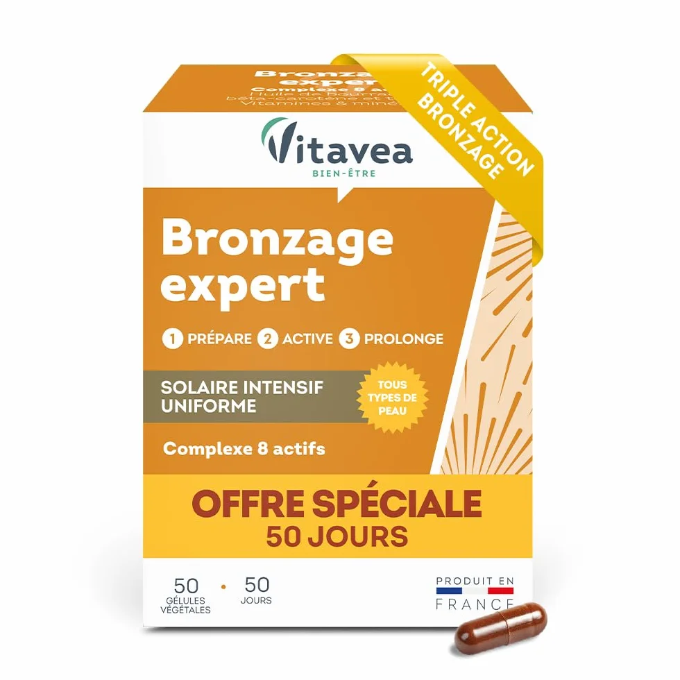 Vitavea Bronzage Expert Prolongateur de Bronzage après Soleil Complément Alimentaire Huile de Bourrache Bêta-Carotène Zinc Vitamine E Cuivre