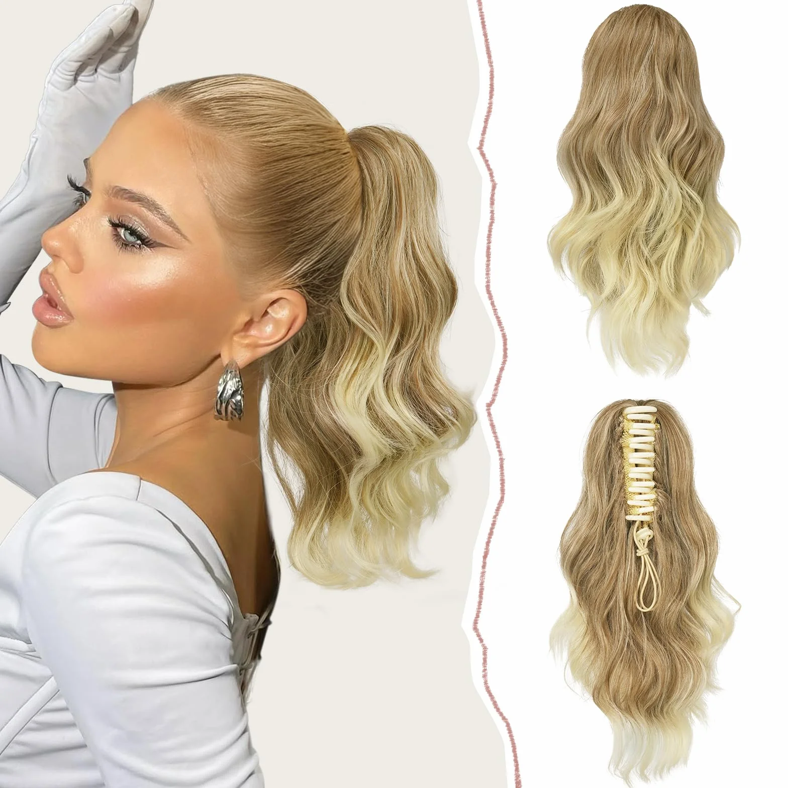 Sofeiyan Court Ondulée Extension de Queue De Cheval Pince 35cm Queue de Cheval Extension Synthétiques Postiche Pince à Griffe Bouclés Cheveux Queue De Cheval d'Aspect Naturel pour Femme,Blond