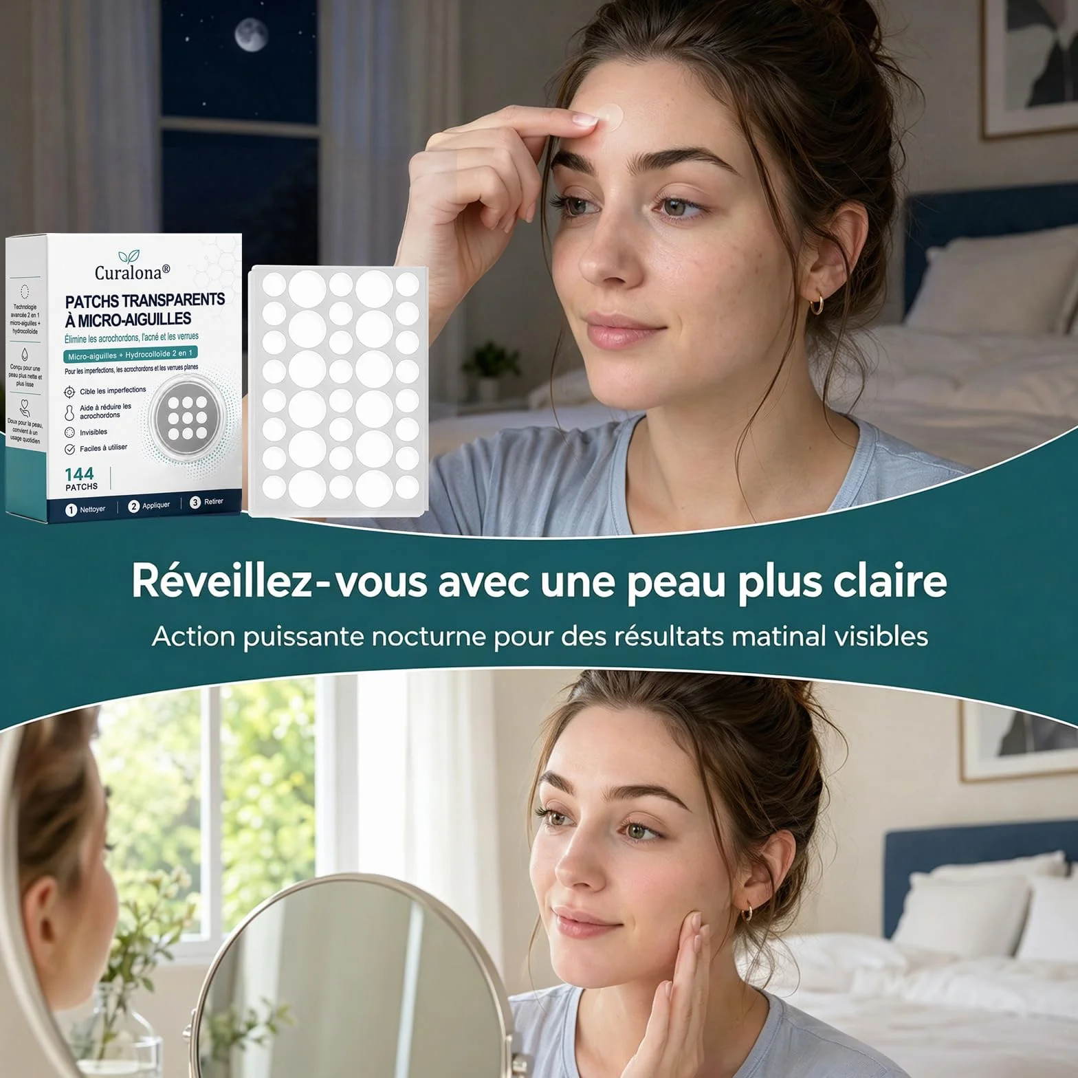 Curalona Patch 2-en-1 Microneedle & Hydrocolloïde 144 Pièce Invisible Imperméable Transpirable