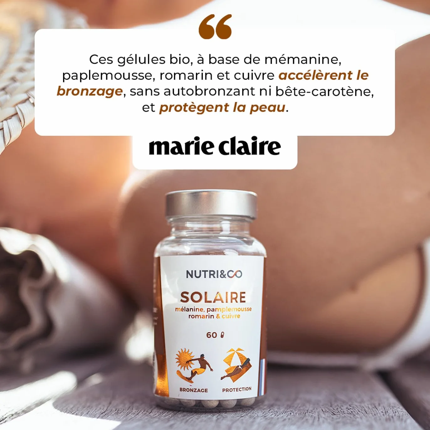 NUTRI & CO Le Solaire Formule 2en1 Préparateur Accélérateur de Bronzage Complément Alimentaire Solaire 60 gélules Fabriqué en France