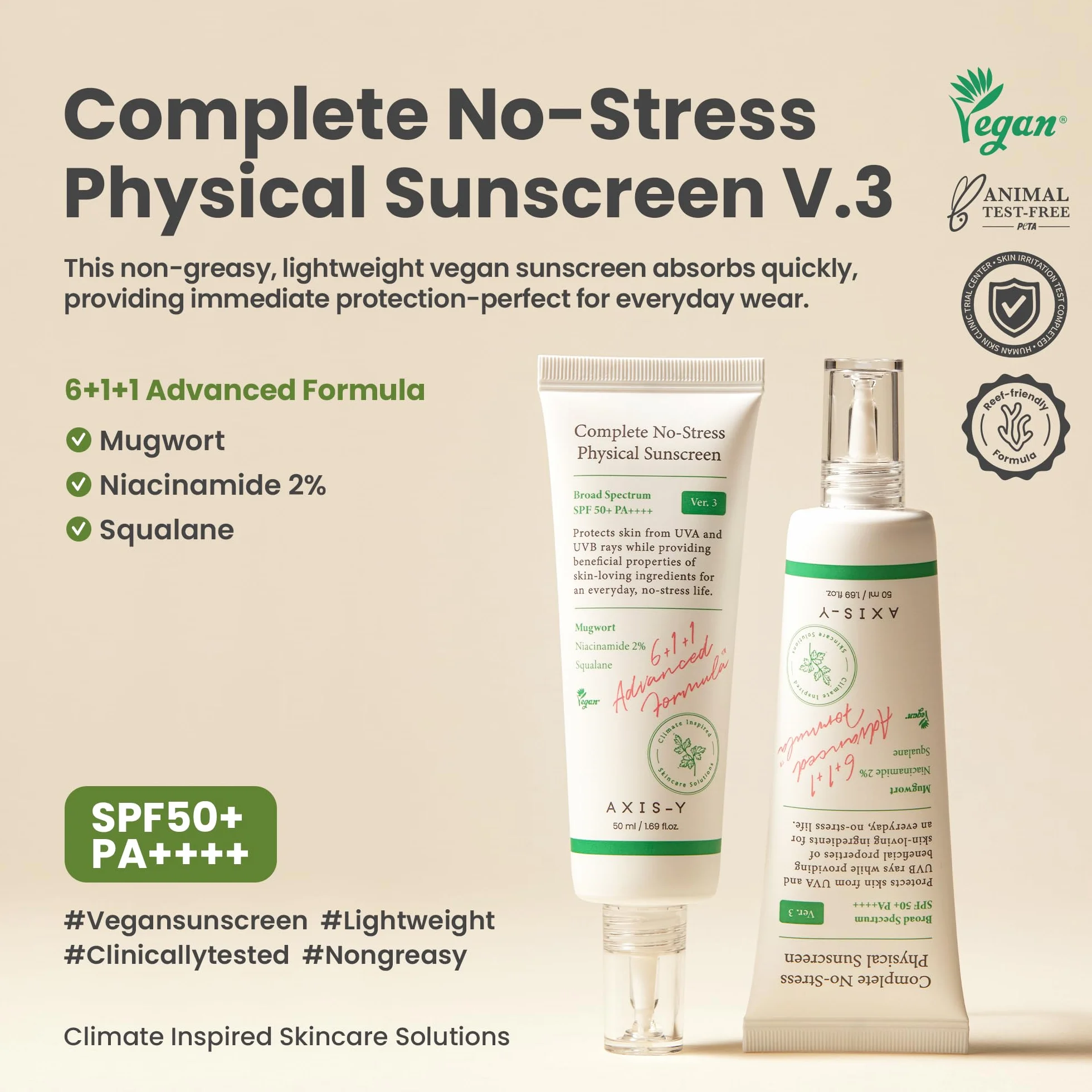 AXIS-Y Complete No-Stress Physical Sunscreen V3 – Écran solaire minéral visage SPF 50, 2% Niacinamide & Oxyde de zinc. Hydratant large spectre. Soin coréen végane – 50 ml (1,69 fl. oz.)