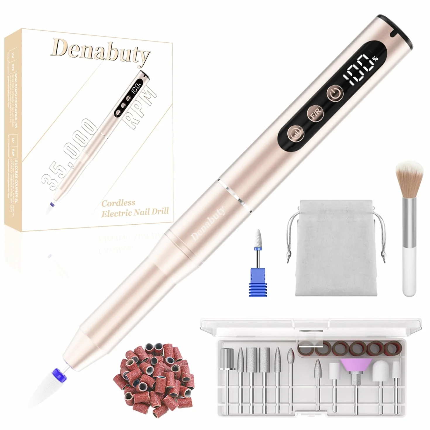 Ponceuse pour Ongles 35000 tr/min, Lime a Ongle Electrique Professionnelle 12 en 1 Ponceuse à Ongles Sans Fil avec écran LCD, Portable Kit de Manucure et Pédicure 5 Vitesse Réglable Doré