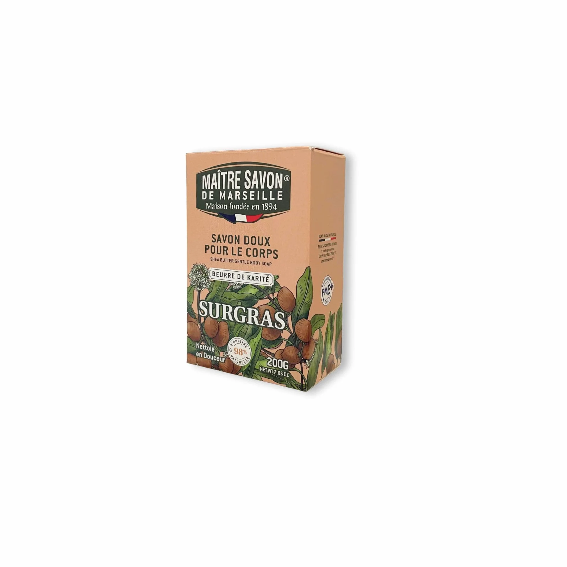 Savon de Marseille Surgras Corps & Mains au Beurre de Karité 200 g 98% Origine Naturelle Fabriqué en France