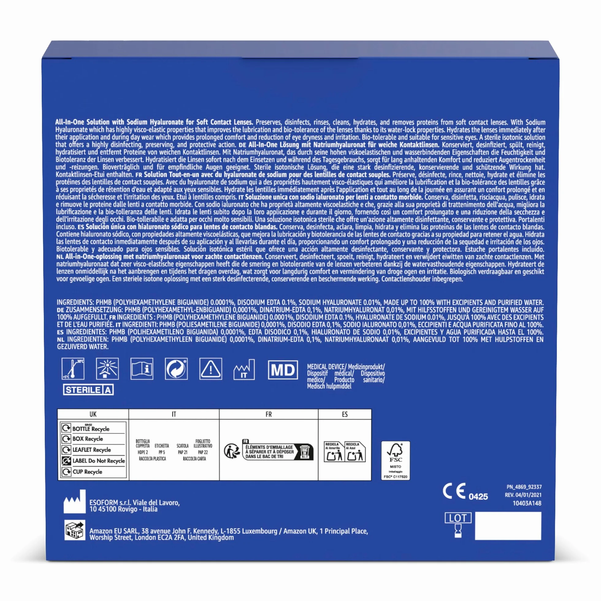Amazon Solution Tout-en-un Hyaluronate de Sodium Lentilles de Contact Souples 3 x 360ml