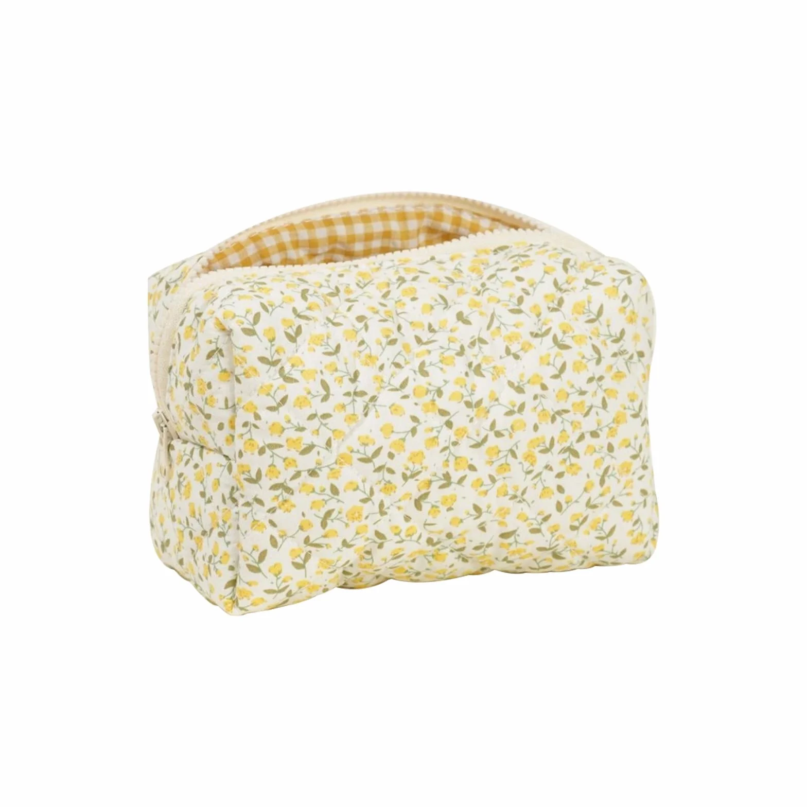 Trousse de maquillage matelassée florale en coton doux, jaune