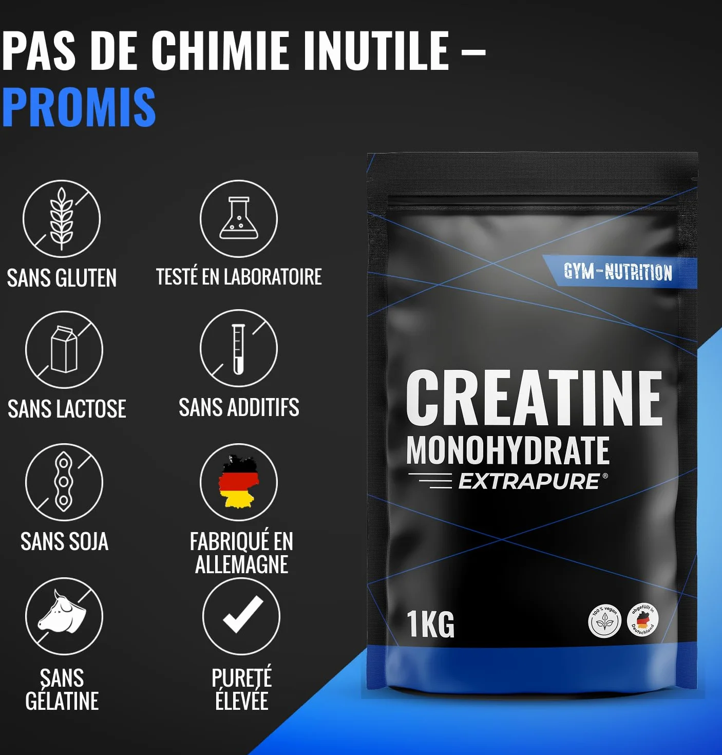 Creatine Monohydrate Poudre 1kg EXTRAPURE® Vegan Produit en Allemagne